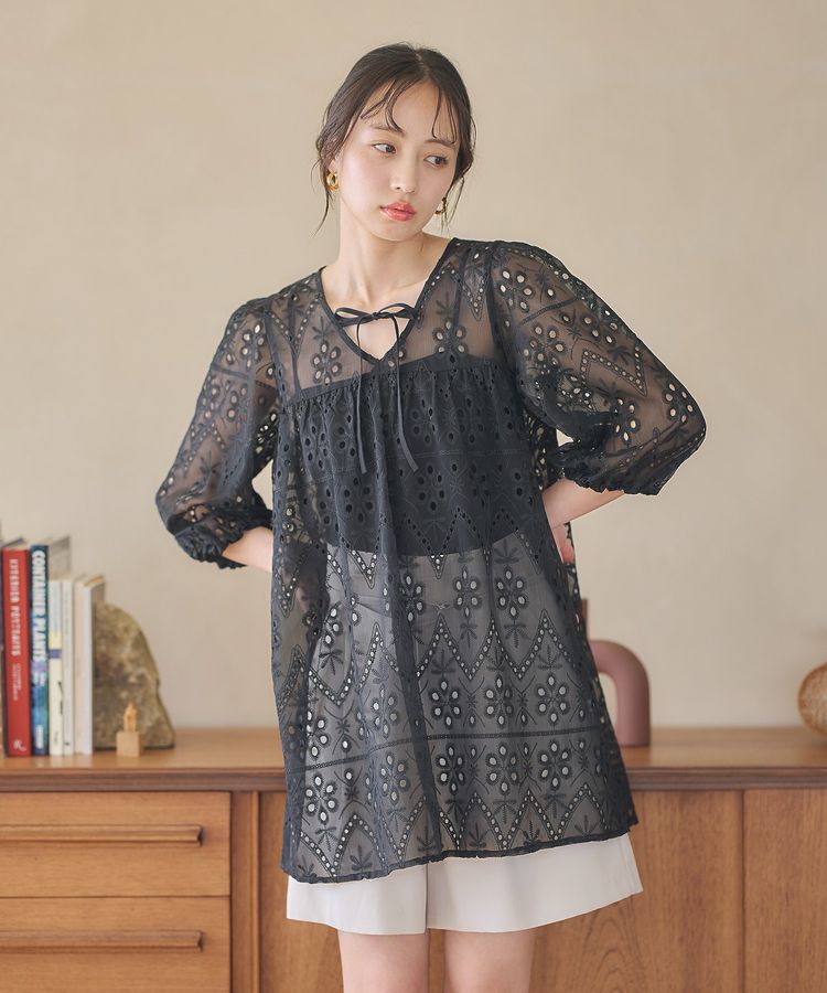 earth music&ecology「パフスリーブ楊柳刺繍チュニック」|チュニック|