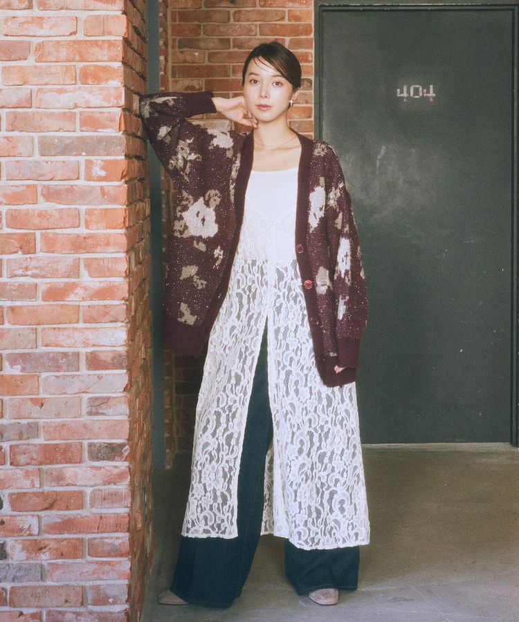 earth music&ecology「フラワージャガードラメシャギーカーディガン」|カーディガン|