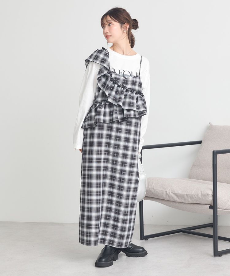 earth music&ecology「2wayフリルチェックキャミワンピース」|ワンピース|Black