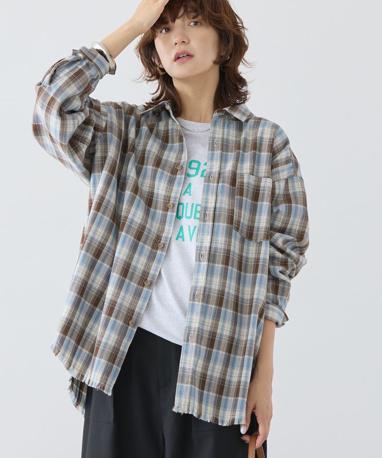 AMERICAN HOLIC「フリンジヘム起毛チェックシャツ」|シャツ・ブラウス|Check Blue