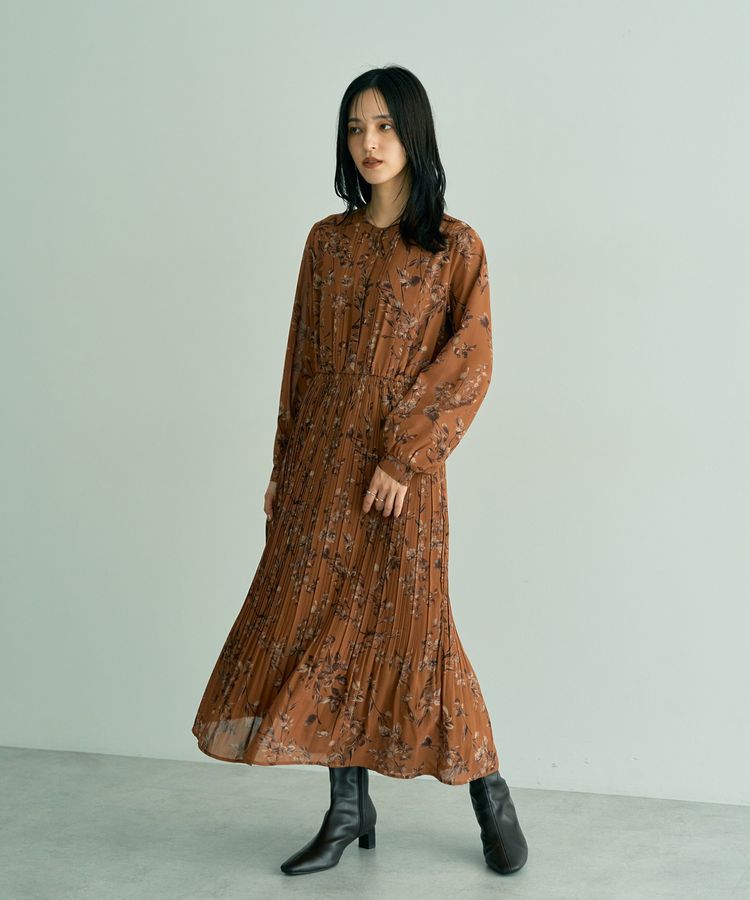 YECCA VECCA「ヴィンテージフラワー柄プリーツワンピース」|ワンピース|Orange