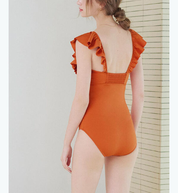 SEA DRESS「ショルダーフリルスクエアネックワンピース/水着」|ビキニ|オレンジ