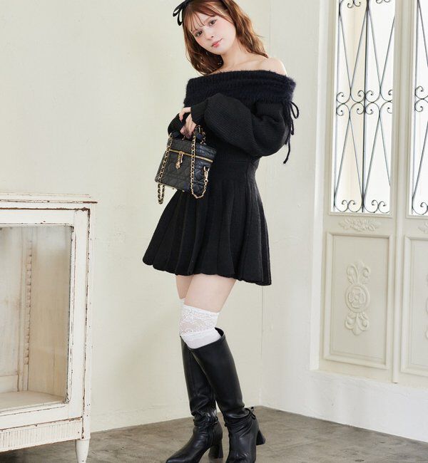  「オフショルプリーツニットミニワンピ」|ワンピース|