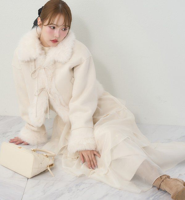  「【リボン取り外し可能】フェイクムートンリボンアウター」|ダウンベスト・ベスト|