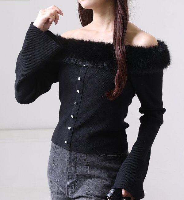  「キラキラボタンファーオフショルニット」|ニット・セーター|