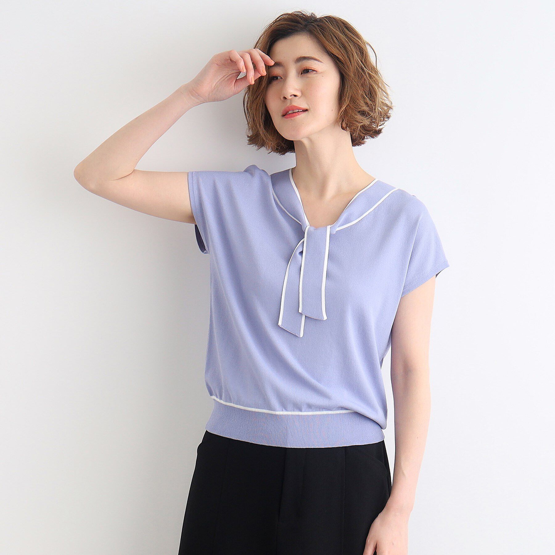 grove「【接触冷感／UV／抗ピル】取り外しパール調ピン付きボウタイニット」|ニット・セーター|