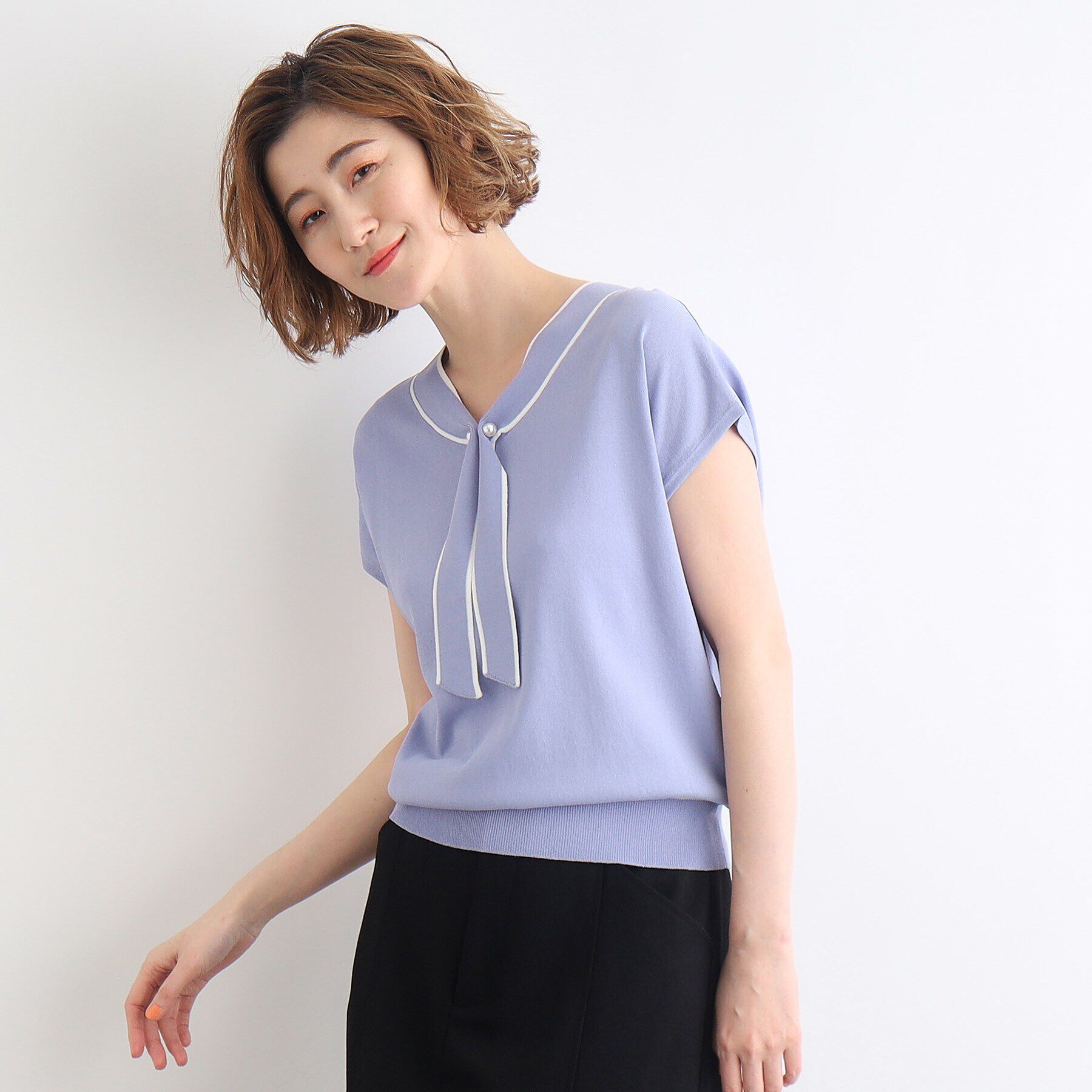 grove「【接触冷感／UV／抗ピル】取り外しパール調ピン付きボウタイニット」|ニット・セーター|