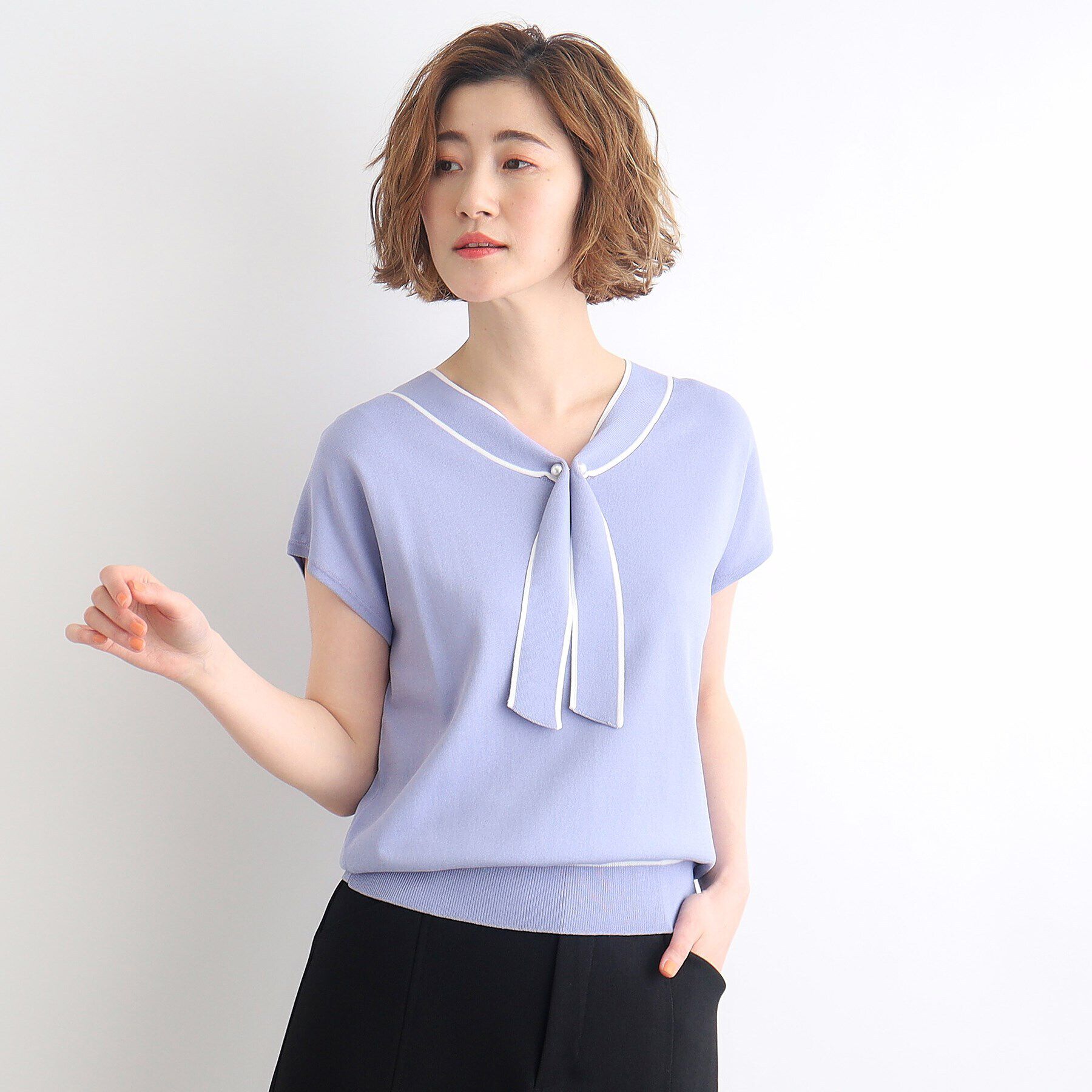 grove「【接触冷感／UV／抗ピル】取り外しパール調ピン付きボウタイニット」|ニット・セーター|ブルー(091)