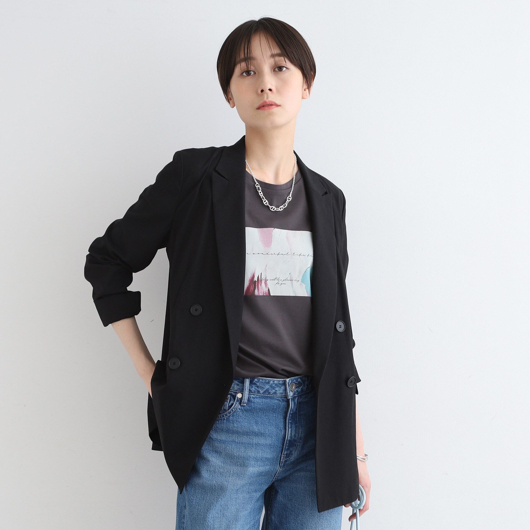 INDIVI「【洗える／UVケア／接触冷感／SETUP可能】麻混テーラードダブルジャケット」|スーツ|ブラック(019)