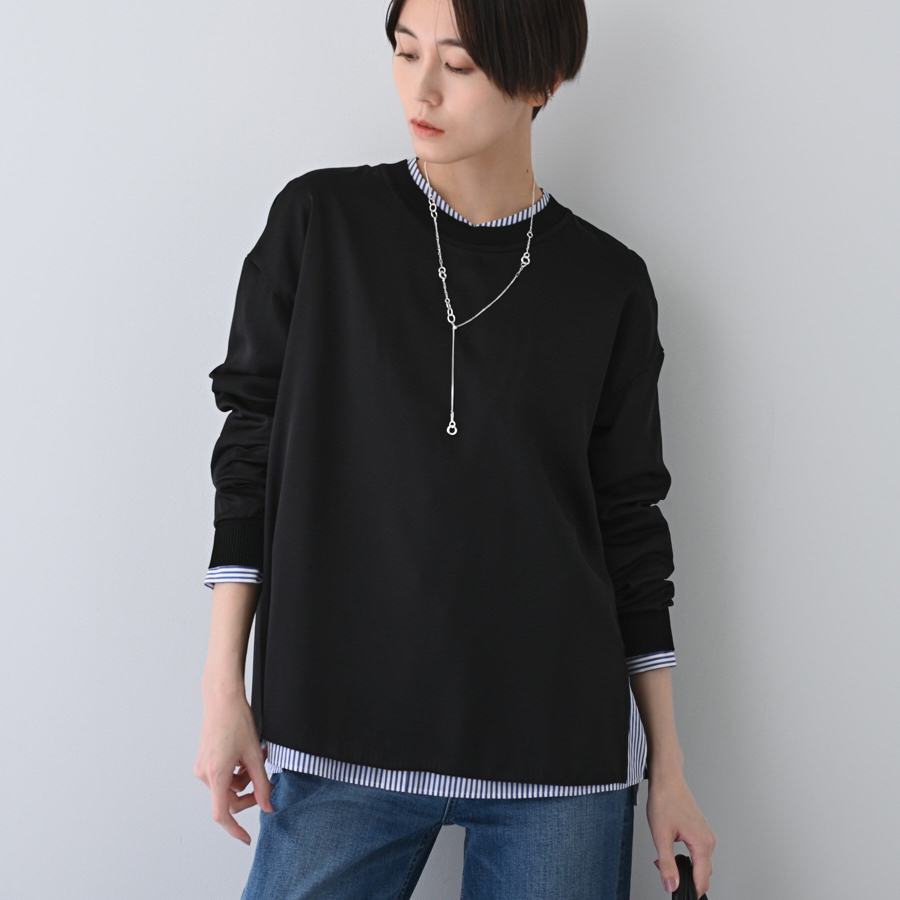 INDIVI「【洗える】異素材ドッキングトップス」|Tシャツ・カットソー|ブラック(019)