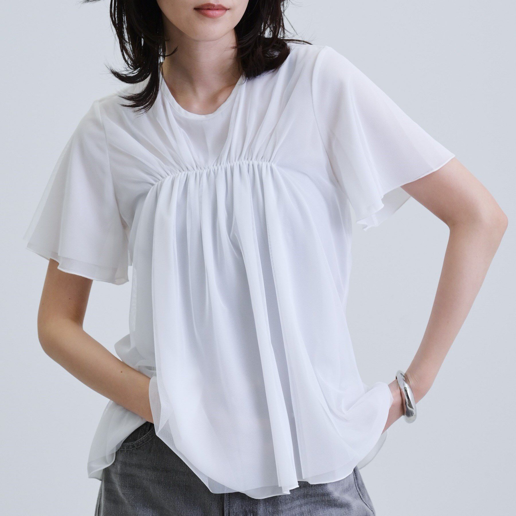 GALLEST「メッシュギャザーTシャツ」|Tシャツ・カットソー|ホワイト(001)