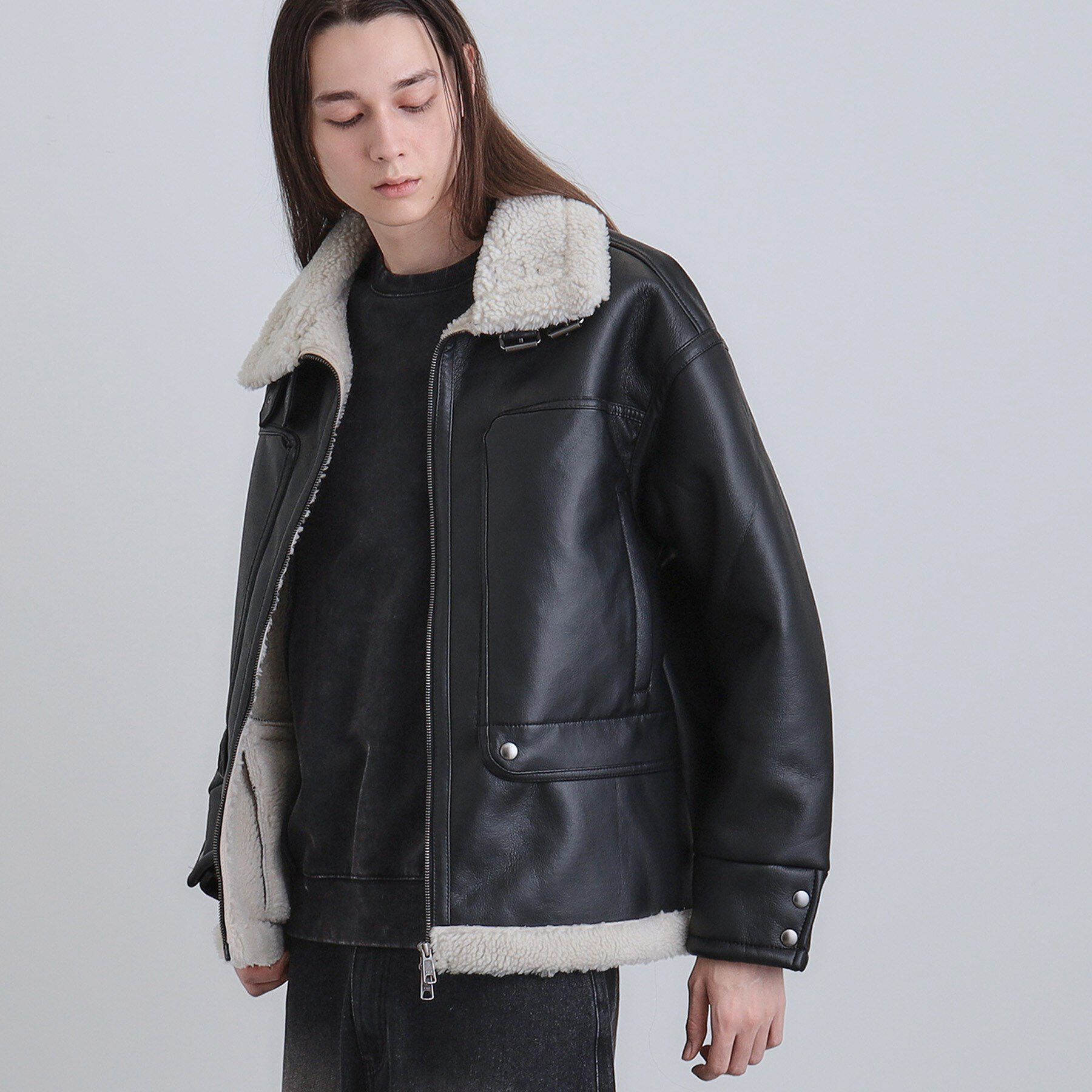 tk.TAKEO KIKUCHI「フェイクムートンブルゾン」|ブルゾン・スタジャン|ブラック(019)