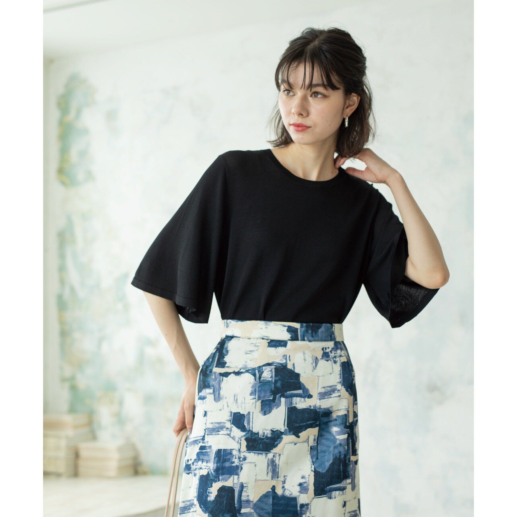 OPAQUE.CLIP「《6color》クールタッチフレアスリーブニット【洗濯機洗い可/UVケア/接触冷感/抗ピル】」|ニット・セーター|ブラック(019)