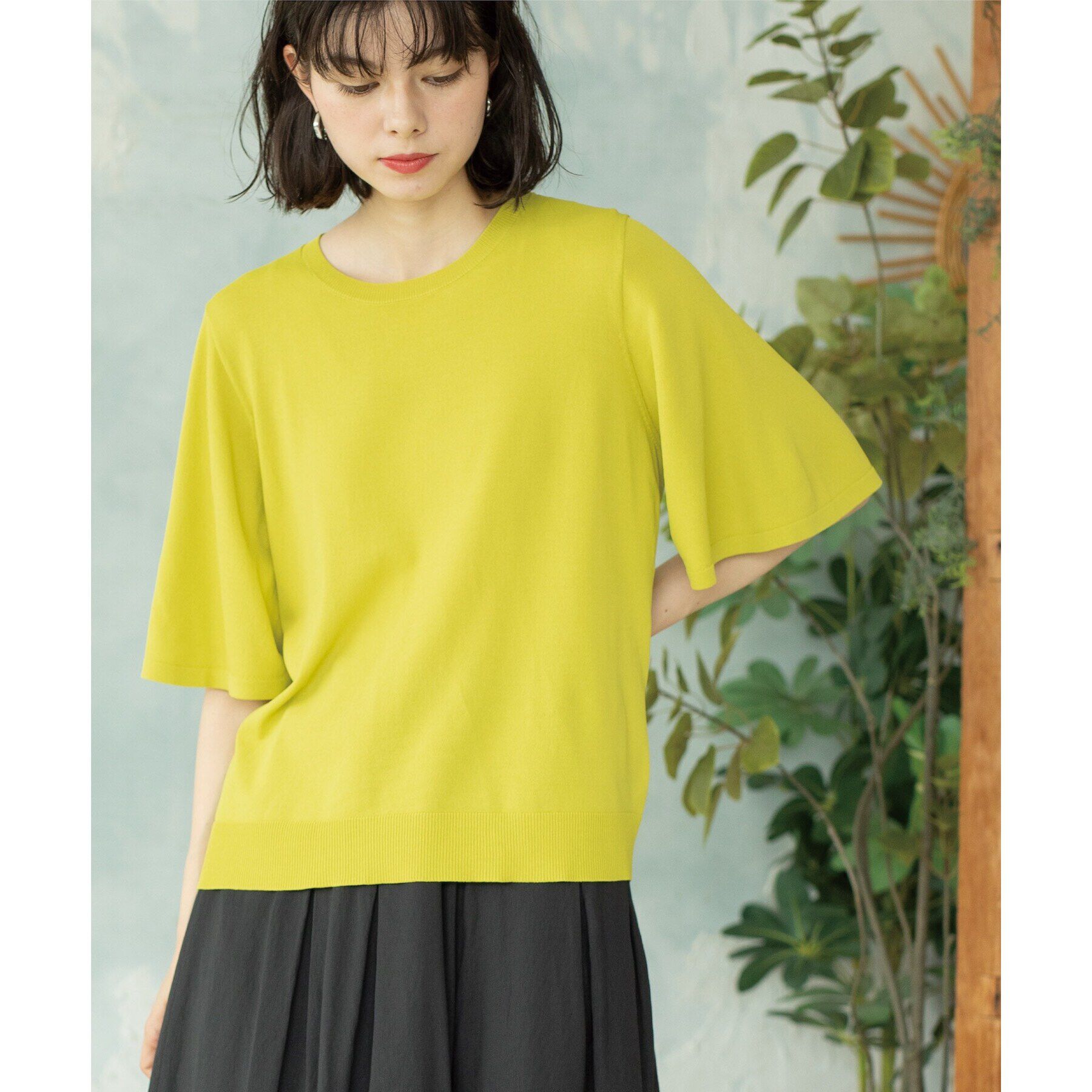 OPAQUE.CLIP「《6color》クールタッチフレアスリーブニット【洗濯機洗い可/UVケア/接触冷感/抗ピル】」|ニット・セーター|グリーン(025)