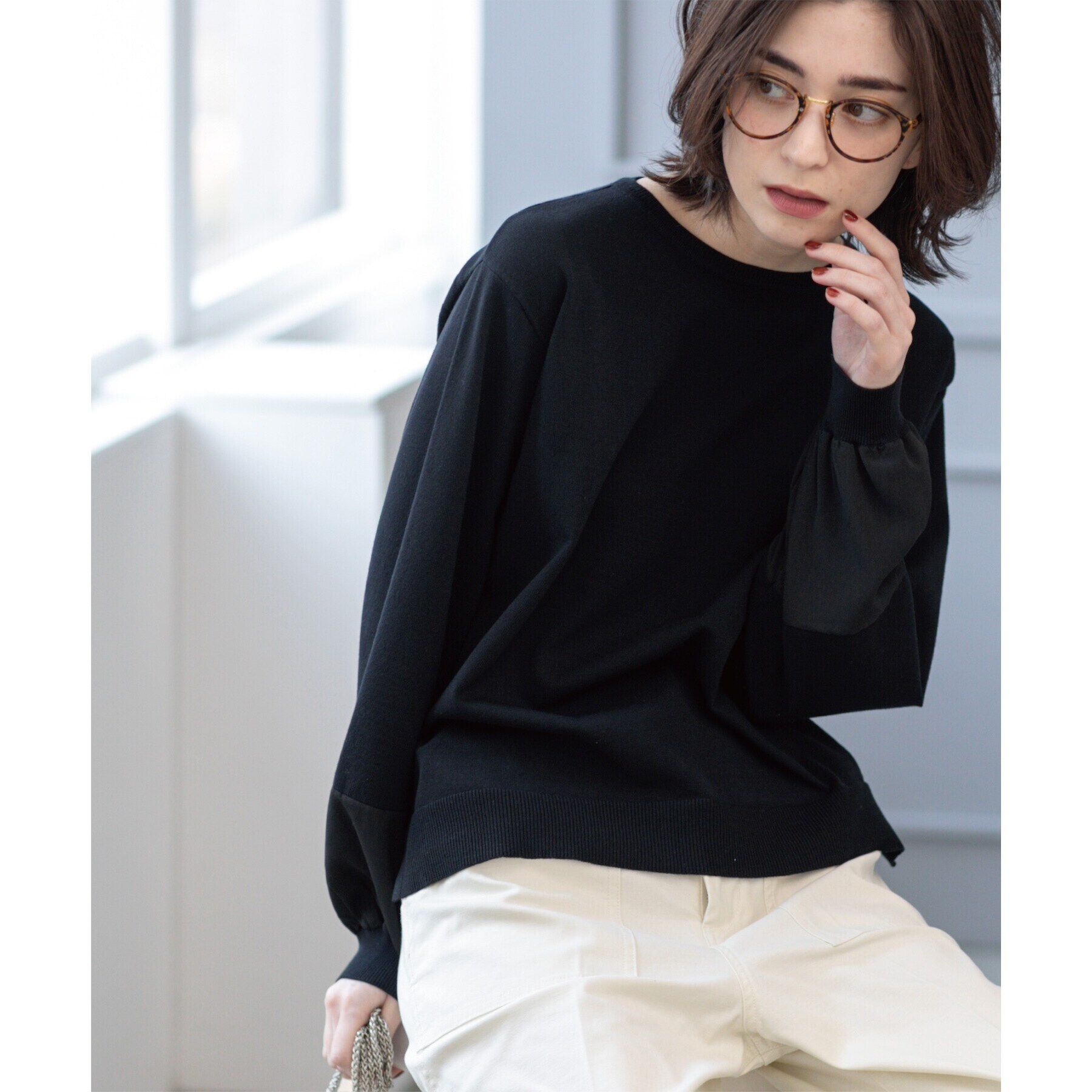 OPAQUE.CLIP「ジョーゼット切替スリーブニット【洗濯機洗い可】」|ニット・セーター|ブラック(019)