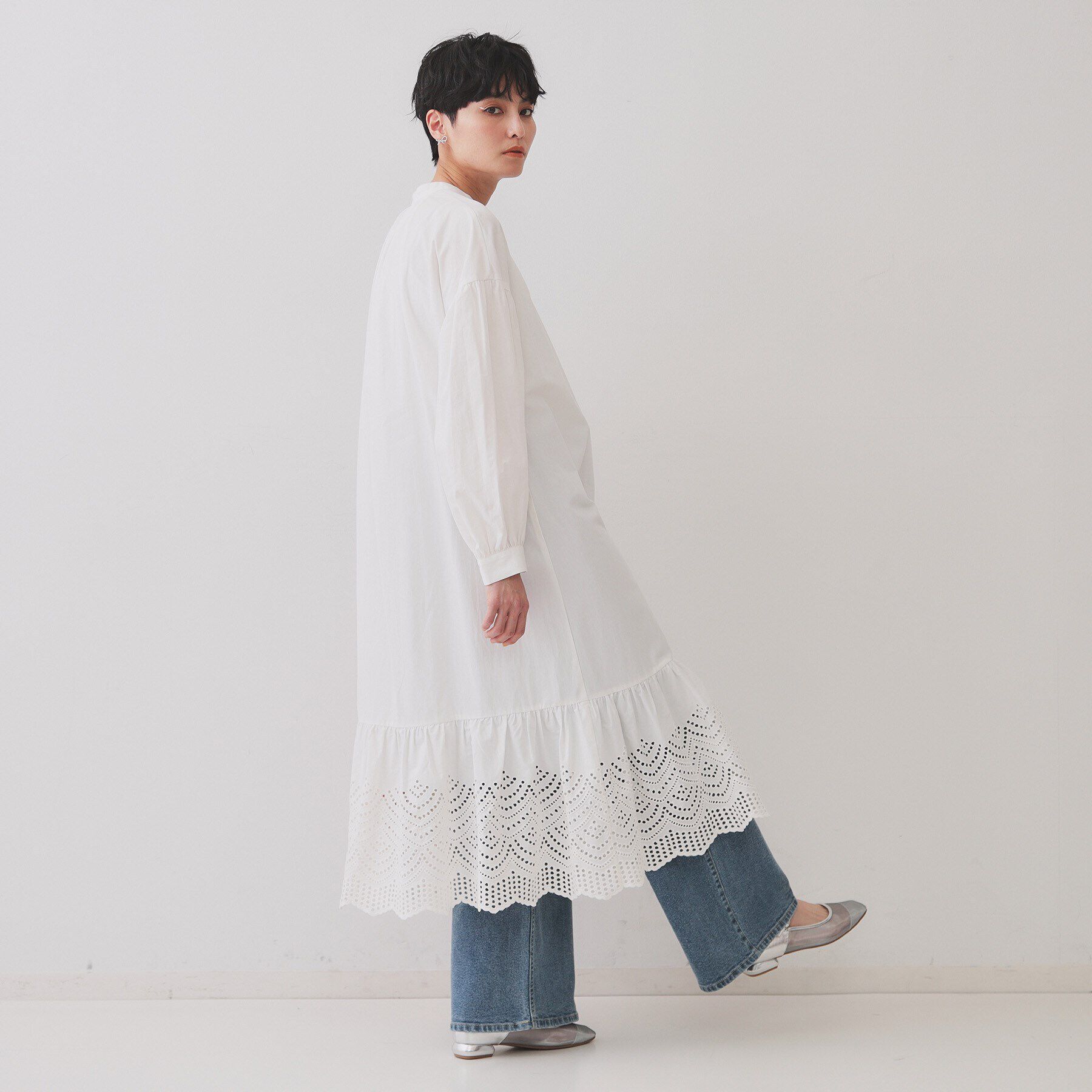 OPAQUE.CLIP「裾アイレットレースボリュームシャツワンピース【洗濯機洗い可】」|ワンピース|