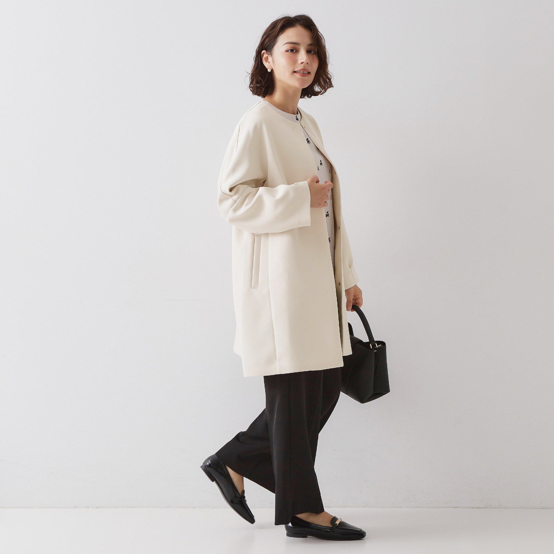 OPAQUE.CLIP「フォルムスリーブミドルコート【洗濯機OK】」|ノーカラーコート|