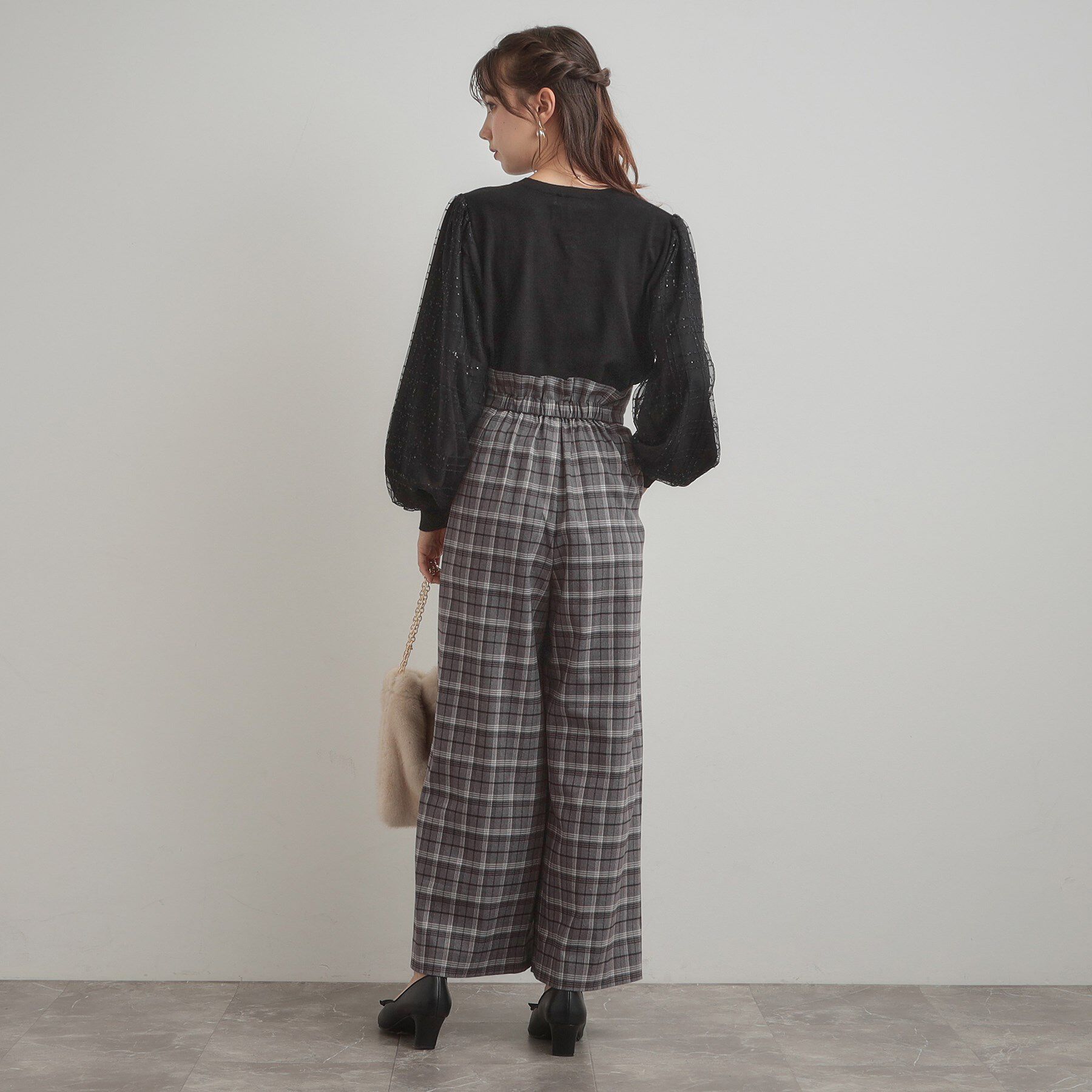 Couture broach「【大人可愛い】起毛先染めチェック柄 スカラウエスト ワイドパンツ」|その他|