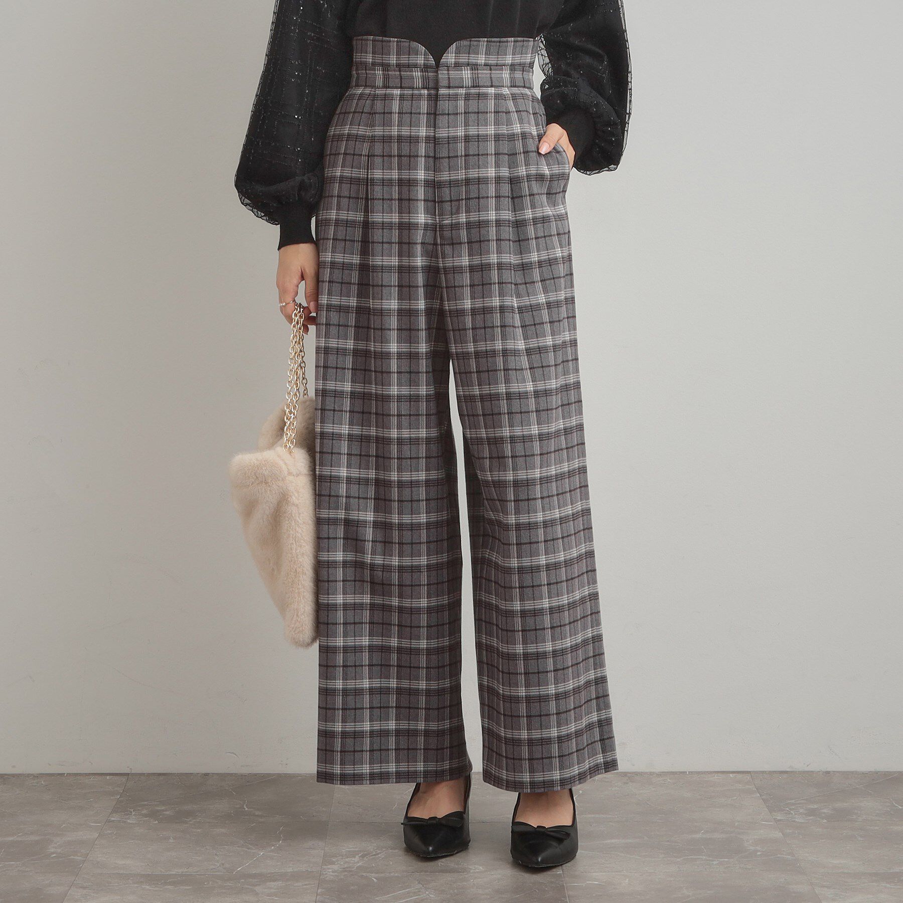 Couture broach「【大人可愛い】起毛先染めチェック柄 スカラウエスト ワイドパンツ」|その他|