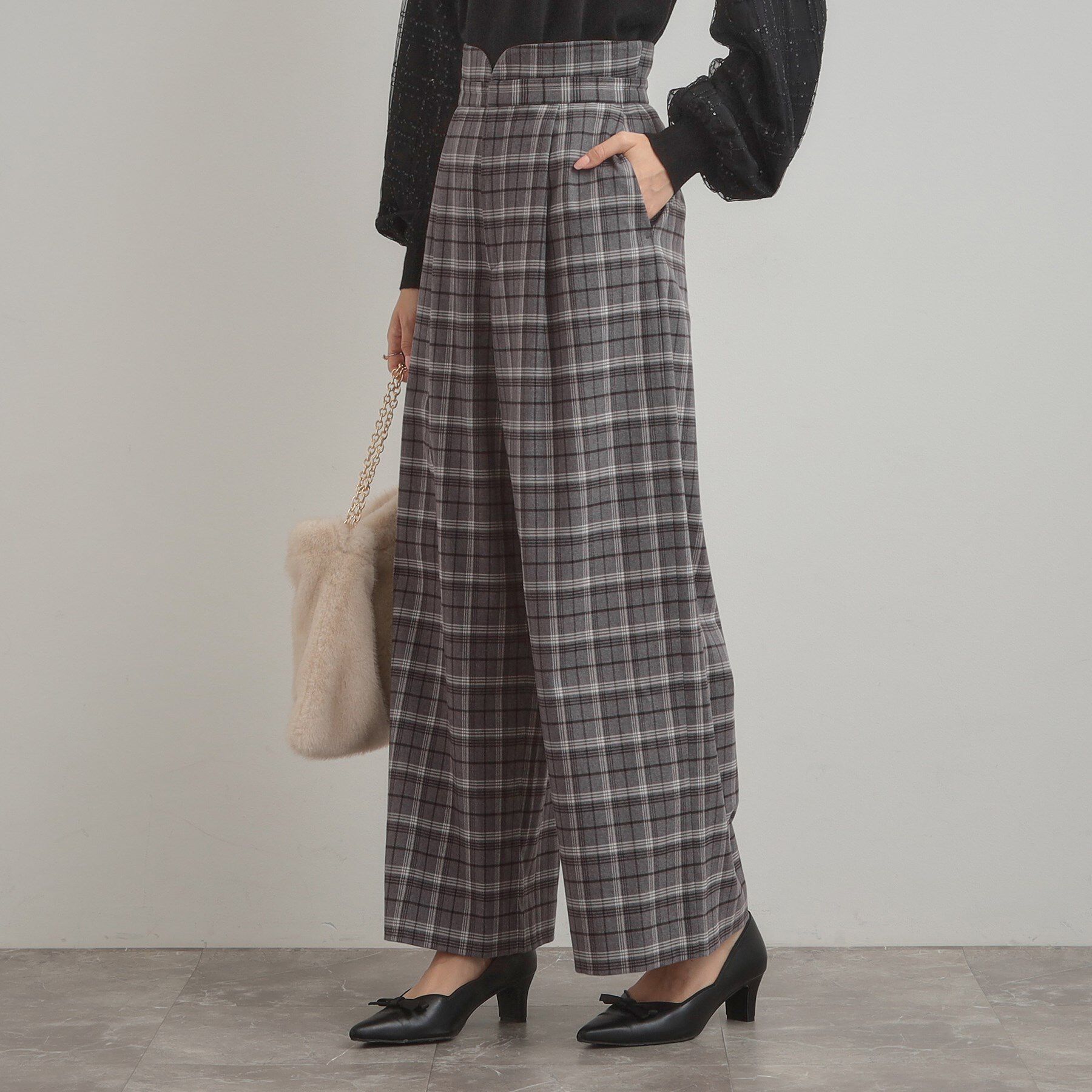 Couture broach「【大人可愛い】起毛先染めチェック柄 スカラウエスト ワイドパンツ」|その他|