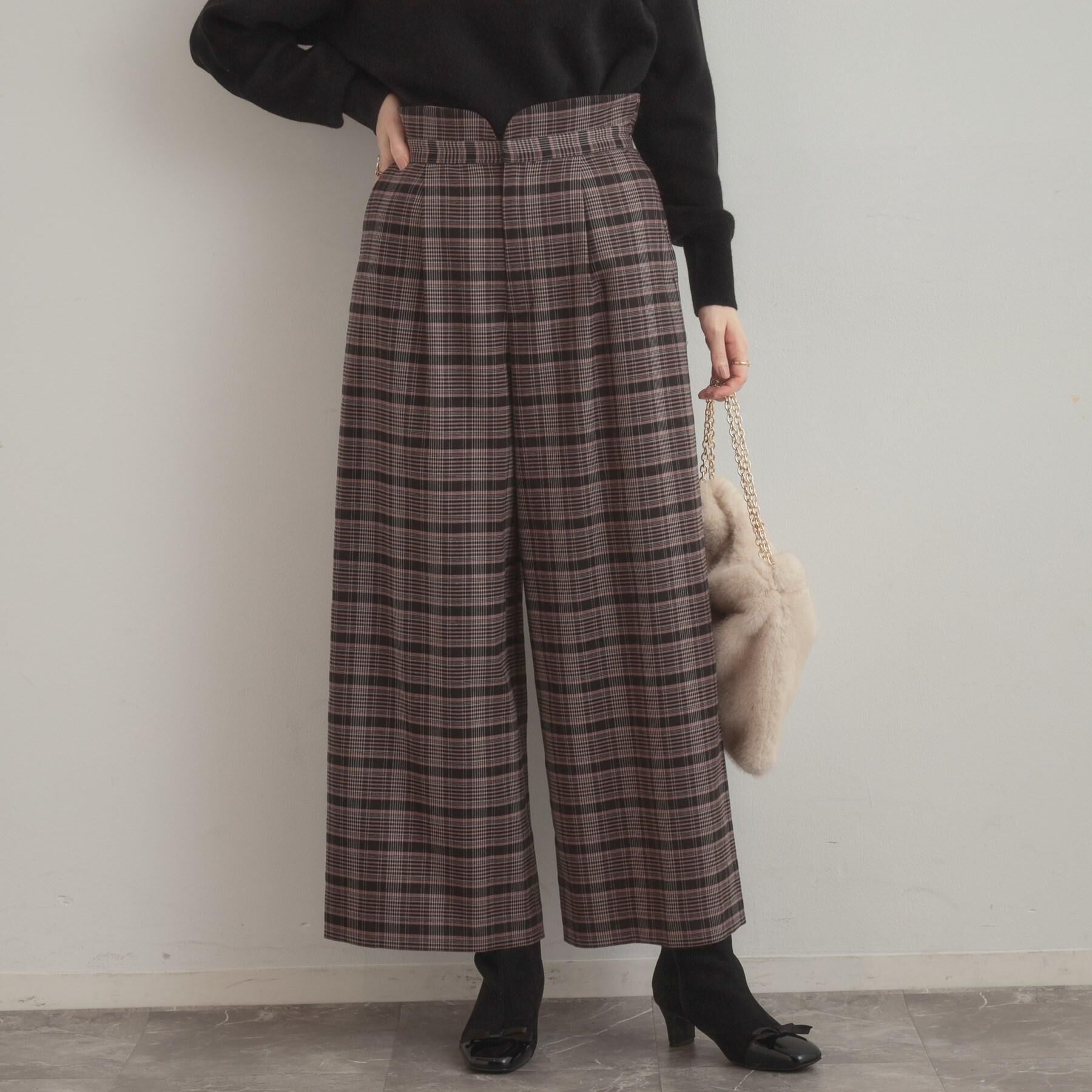 Couture broach「【大人可愛い】起毛先染めチェック柄 スカラウエスト ワイドパンツ」|その他|ブラウン(244)