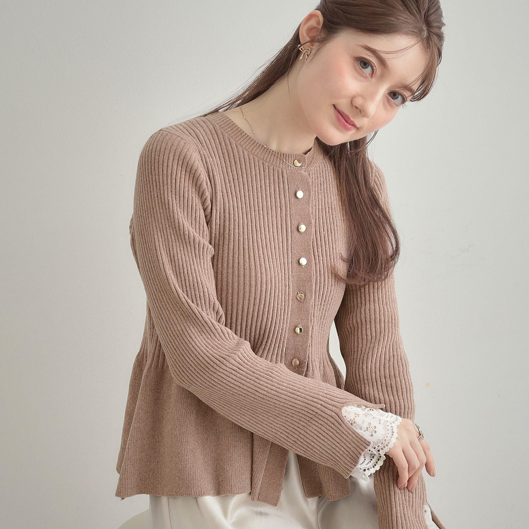Couture broach「【袖口レース・着映え】短毛モールペプラム カーデ」|カーディガン|ピンク(072)