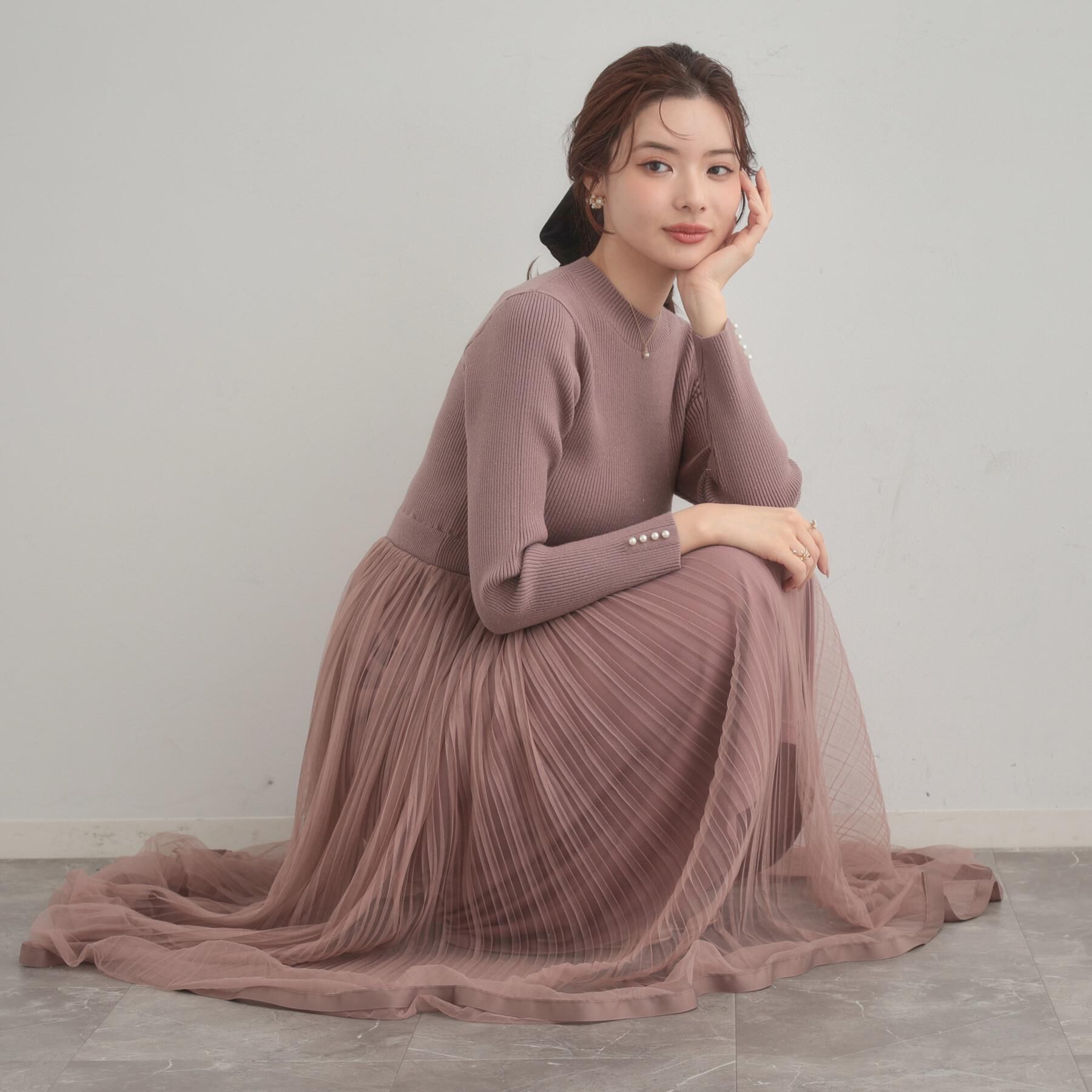 Couture broach「【S-LL/キラキラリブニット】チュールドッキング ワンピース」|ワンピース|