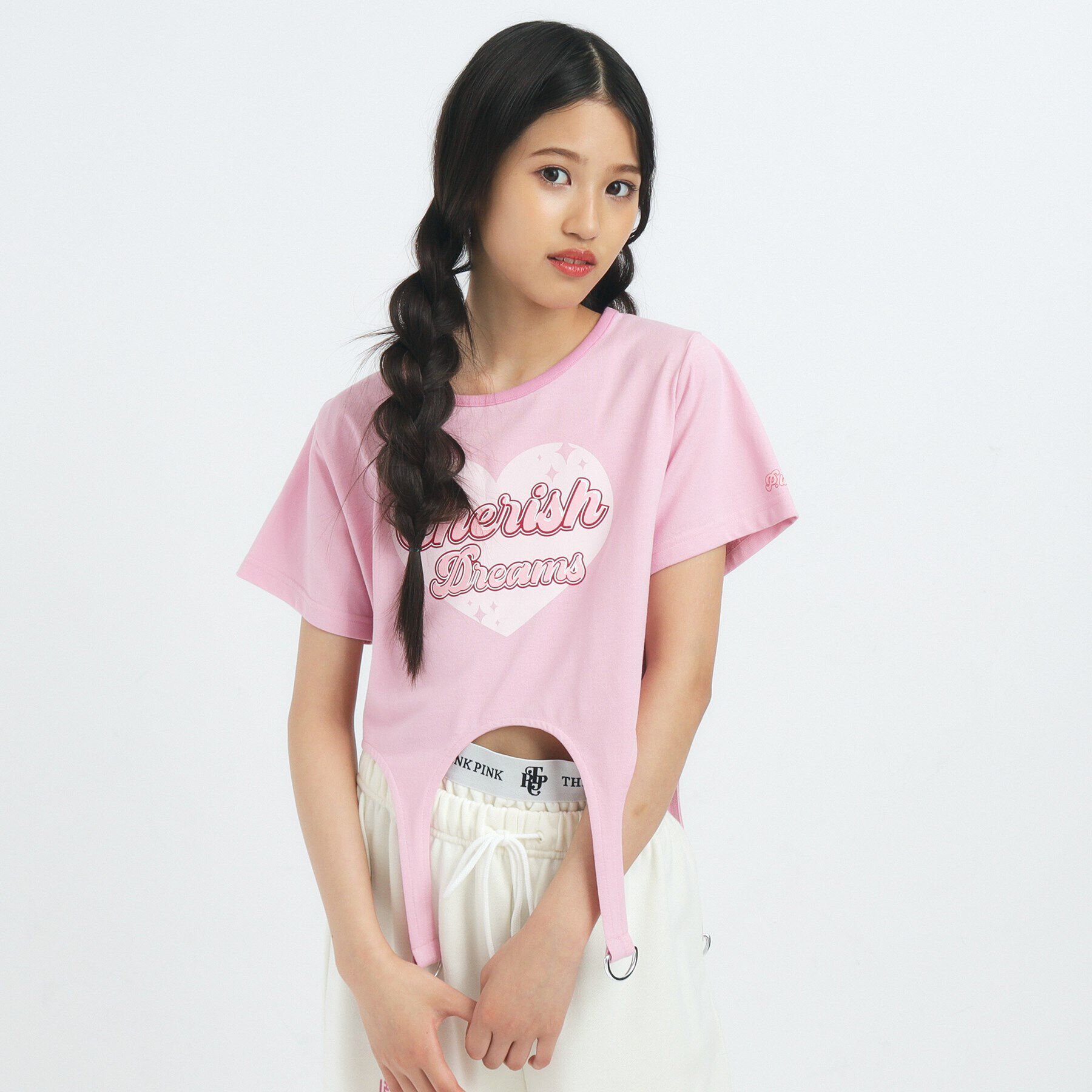 PINK-latte「【るーつくコラボ/ニコラ9月号掲載】ベルトデザインコンパクトTシャツ」|Tシャツ・カットソー|ピンク(071)