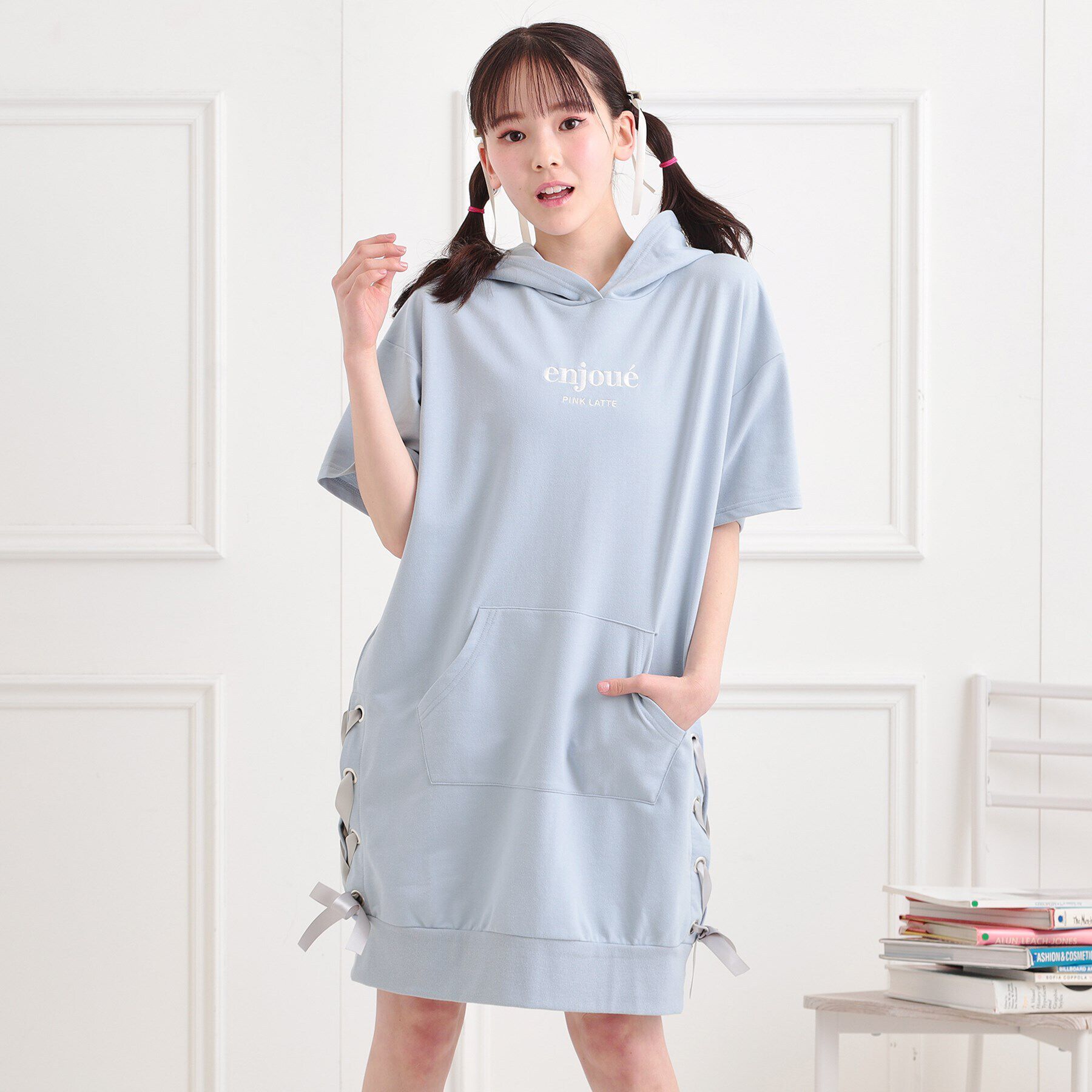 PINK-latte「ミニ裏レースパーカワンピース」|ワンピース|ブルー(091)