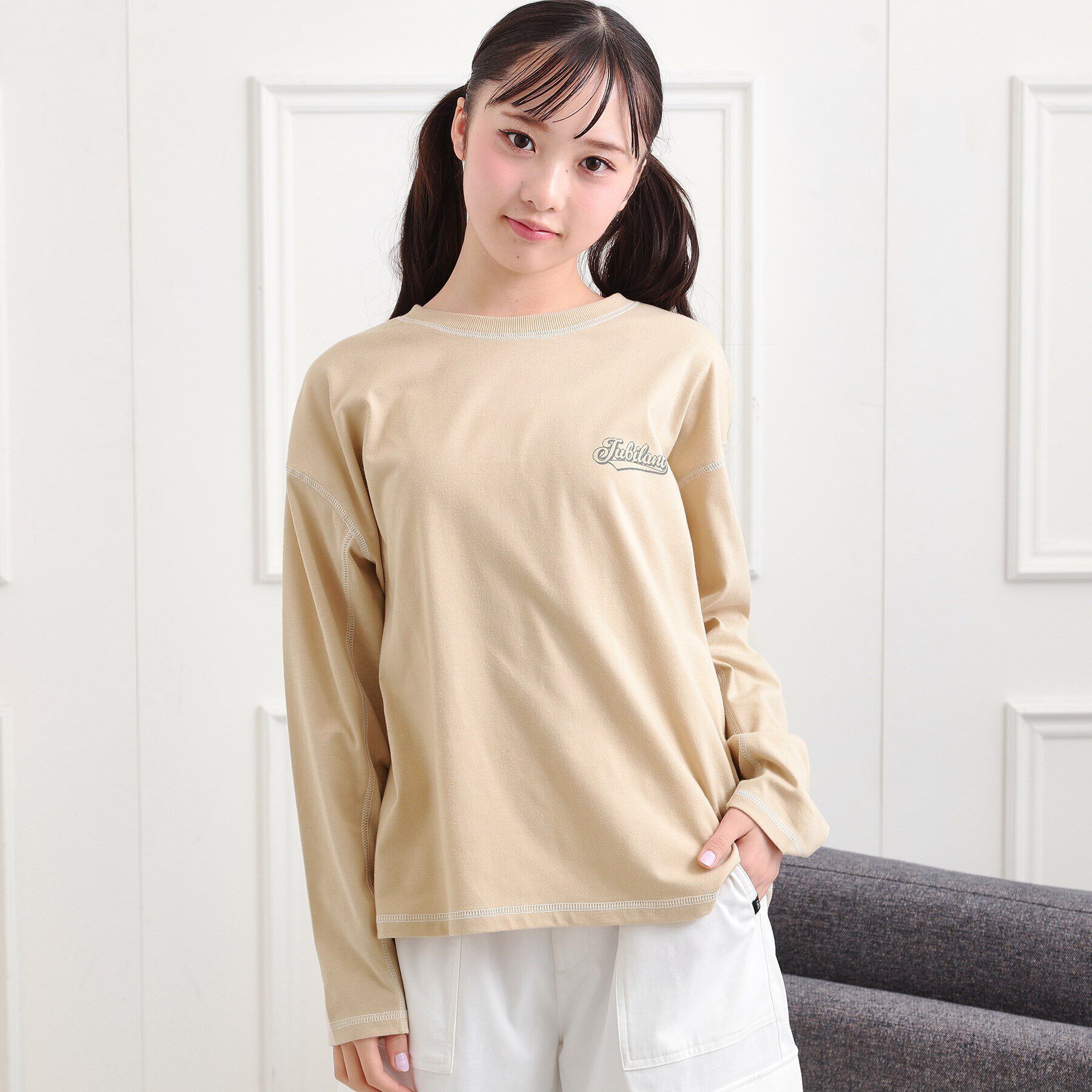 PINK-latte「配色ステッチロンT」|Tシャツ・カットソー|ライトベージュ(05