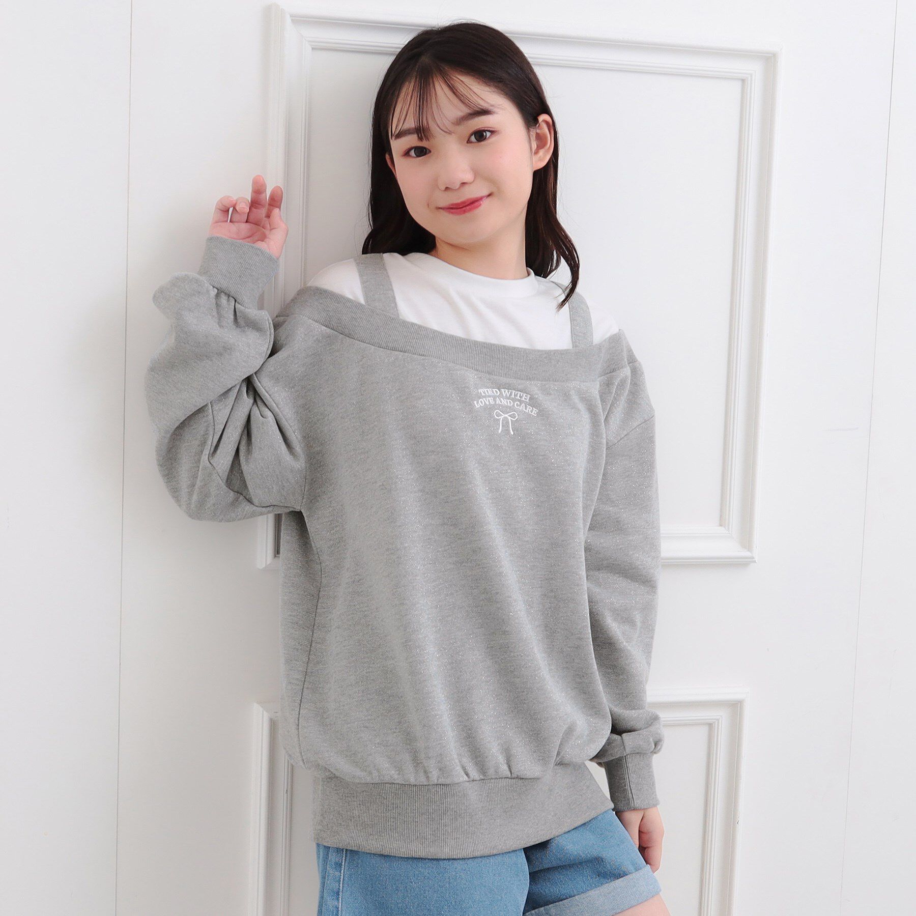 PINK-latte「ラメ裏毛オフショル風プルオーバー」|Tシャツ・カットソー|グレー(012)