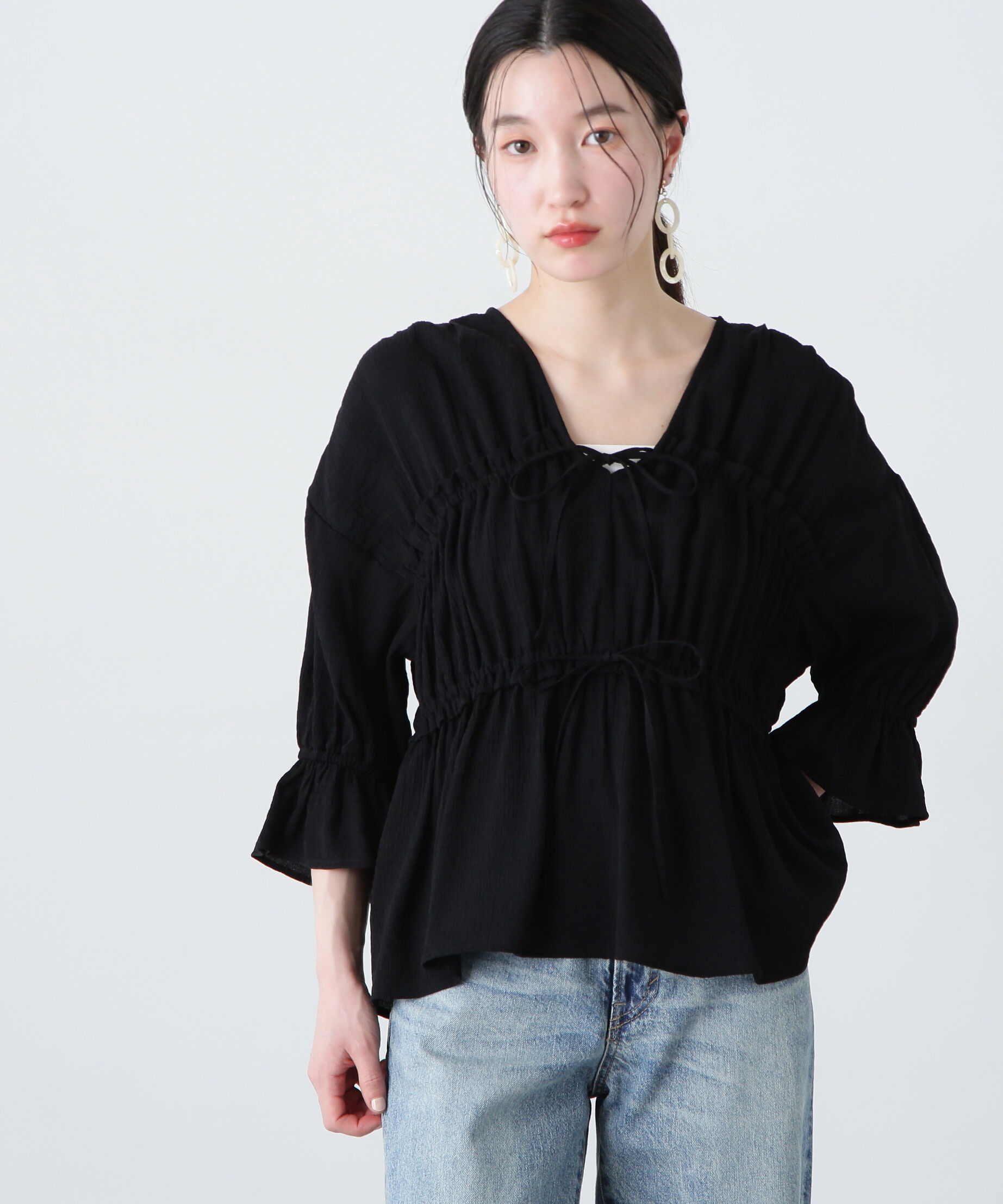  「楊柳シャーリングリボンブラウス」|シャツ・ブラウス|