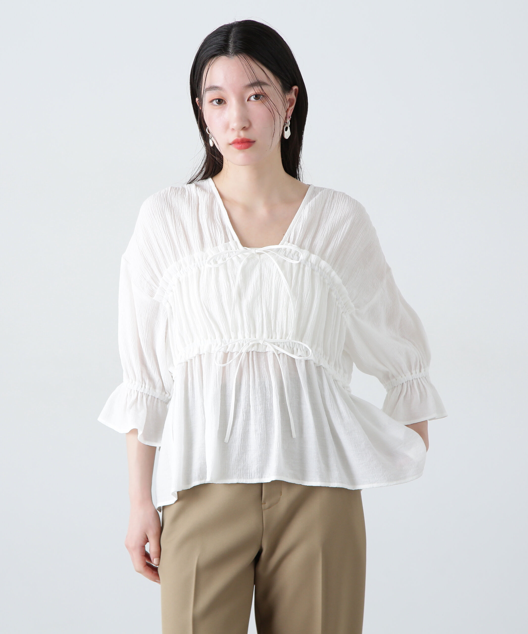  「楊柳シャーリングリボンブラウス」|シャツ・ブラウス|