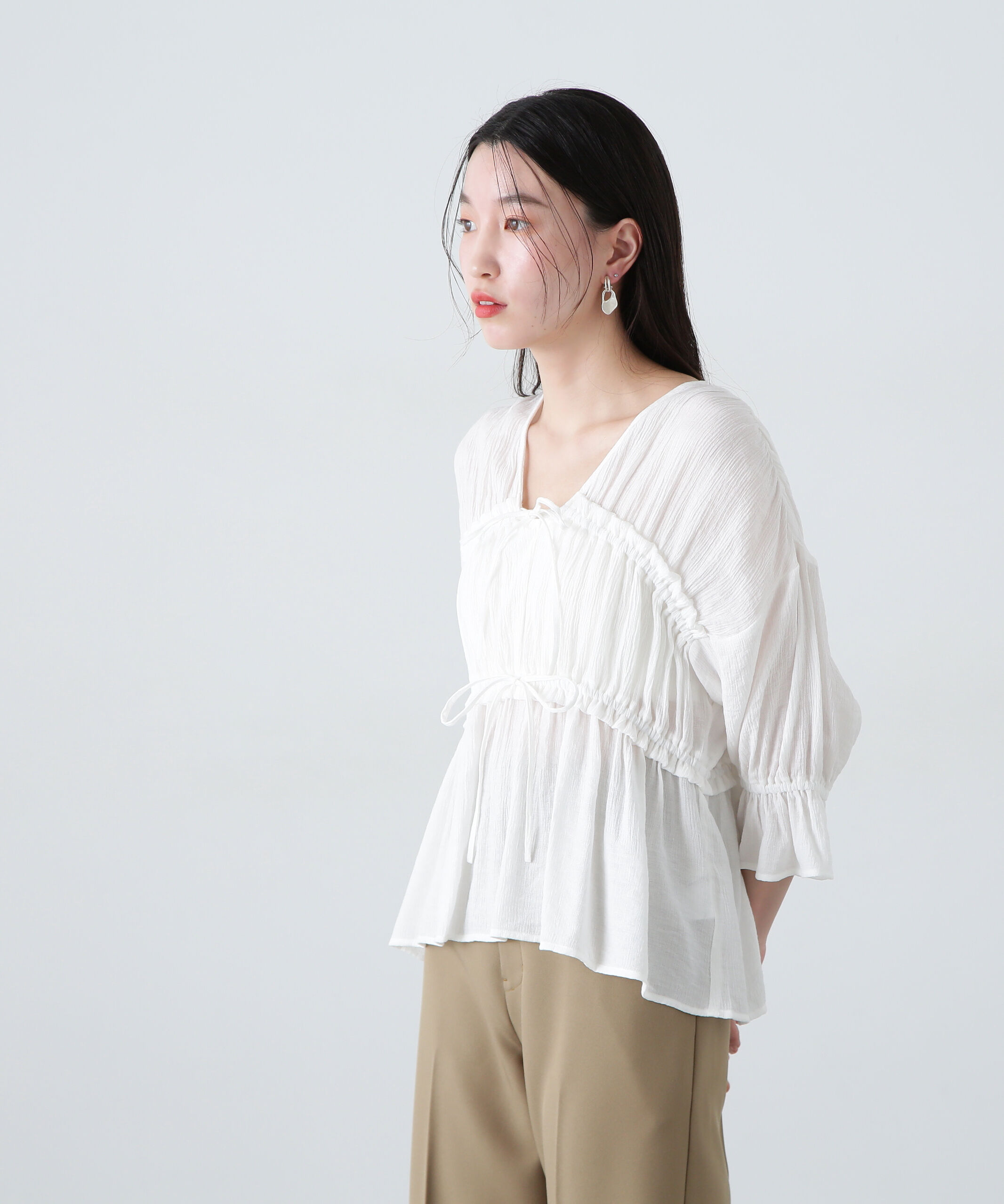  「楊柳シャーリングリボンブラウス」|シャツ・ブラウス|