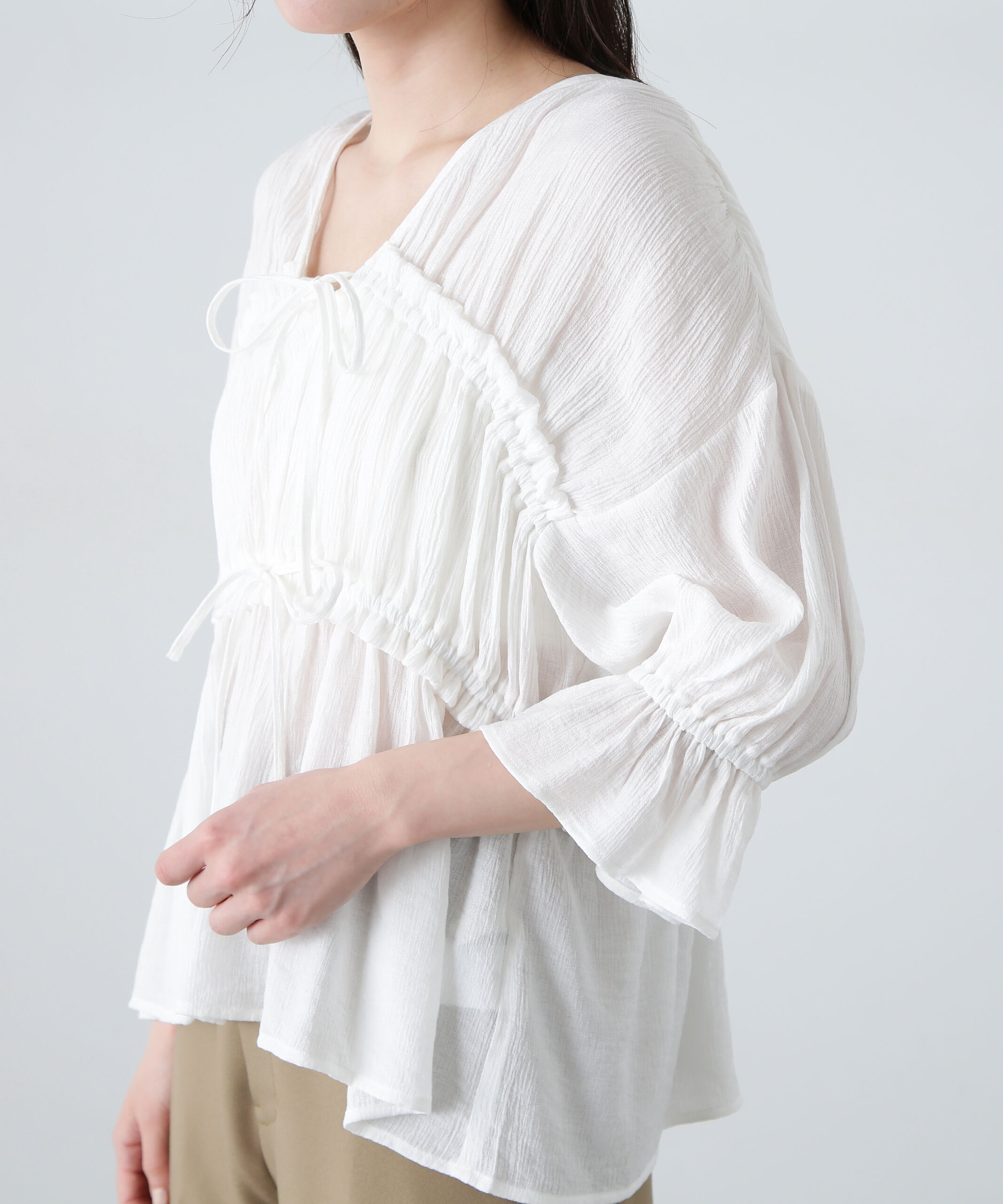  「楊柳シャーリングリボンブラウス」|シャツ・ブラウス|