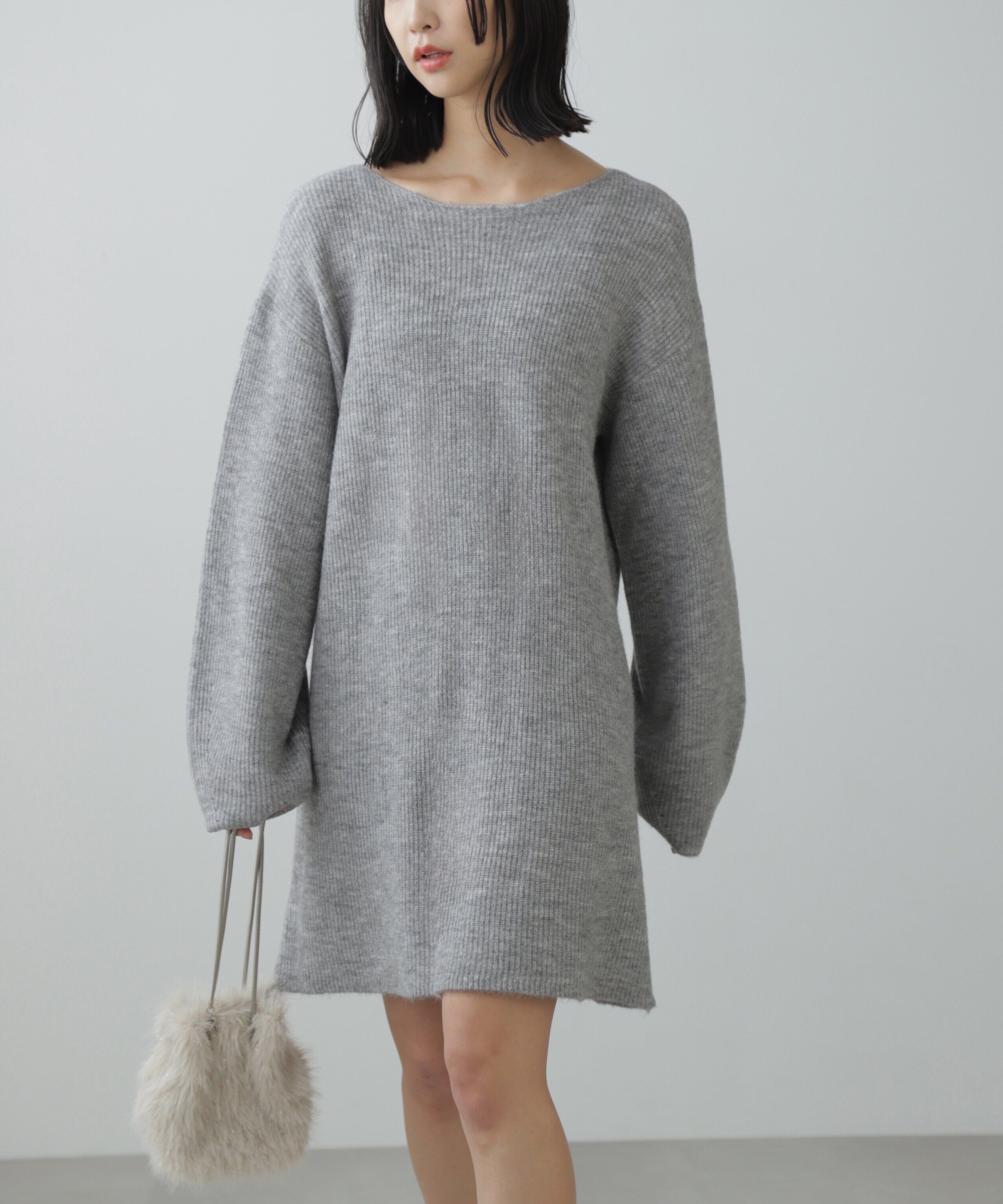  「ボートネック畦ニットミニワンピース」|ワンピース|杢グレー
