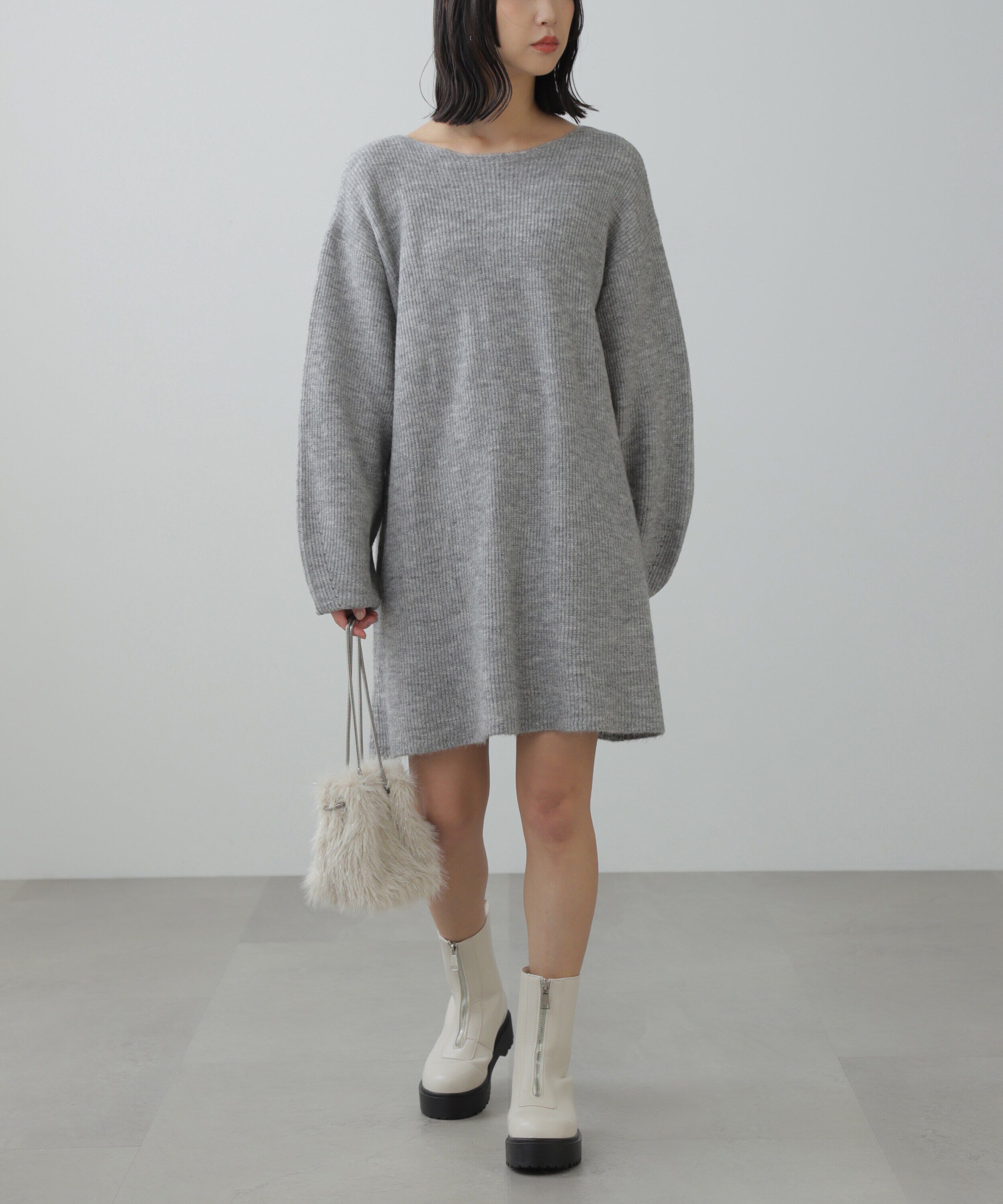  「ボートネック畦ニットミニワンピース」|ワンピース|