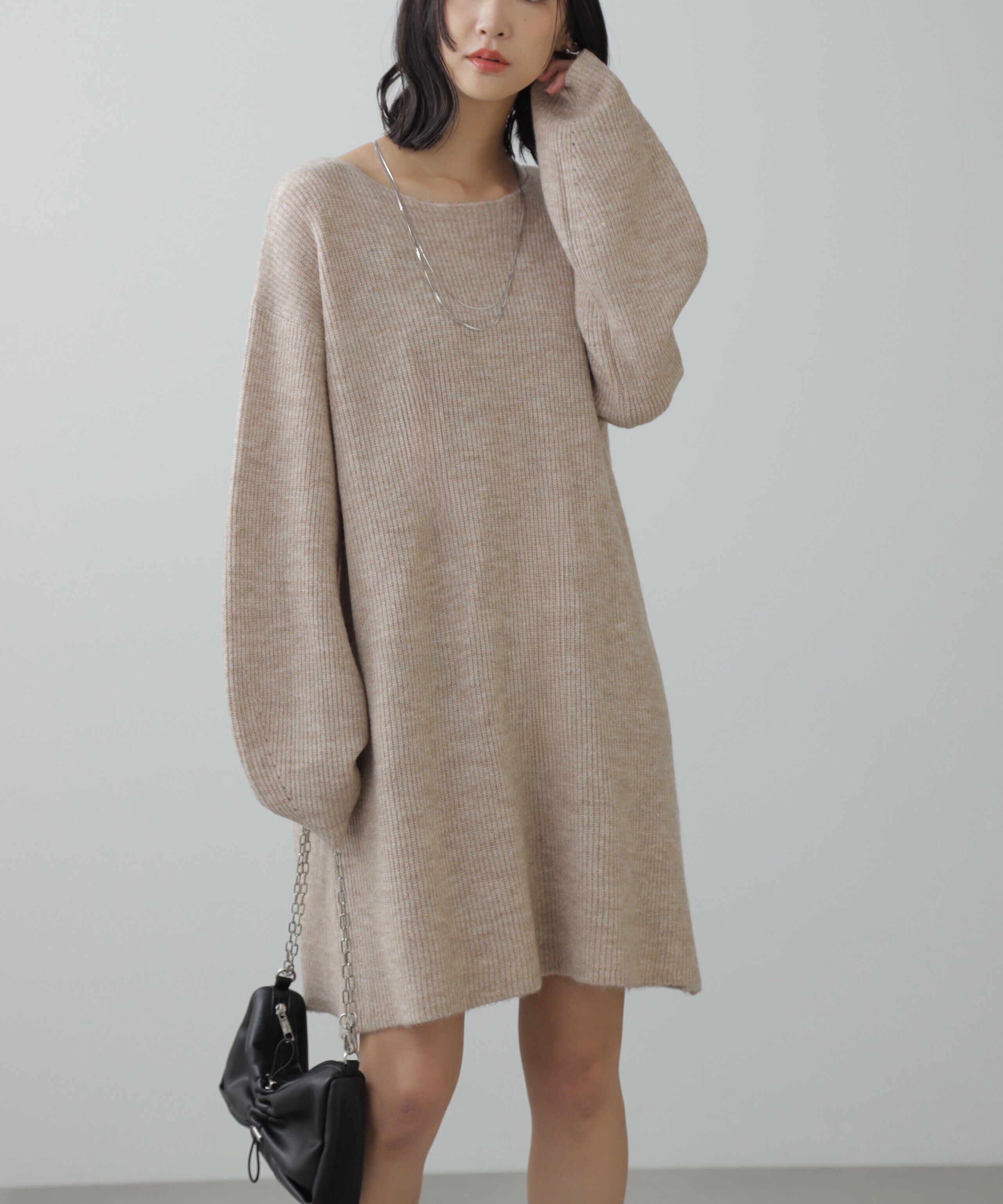  「ボートネック畦ニットミニワンピース」|ワンピース|杢ベージュ