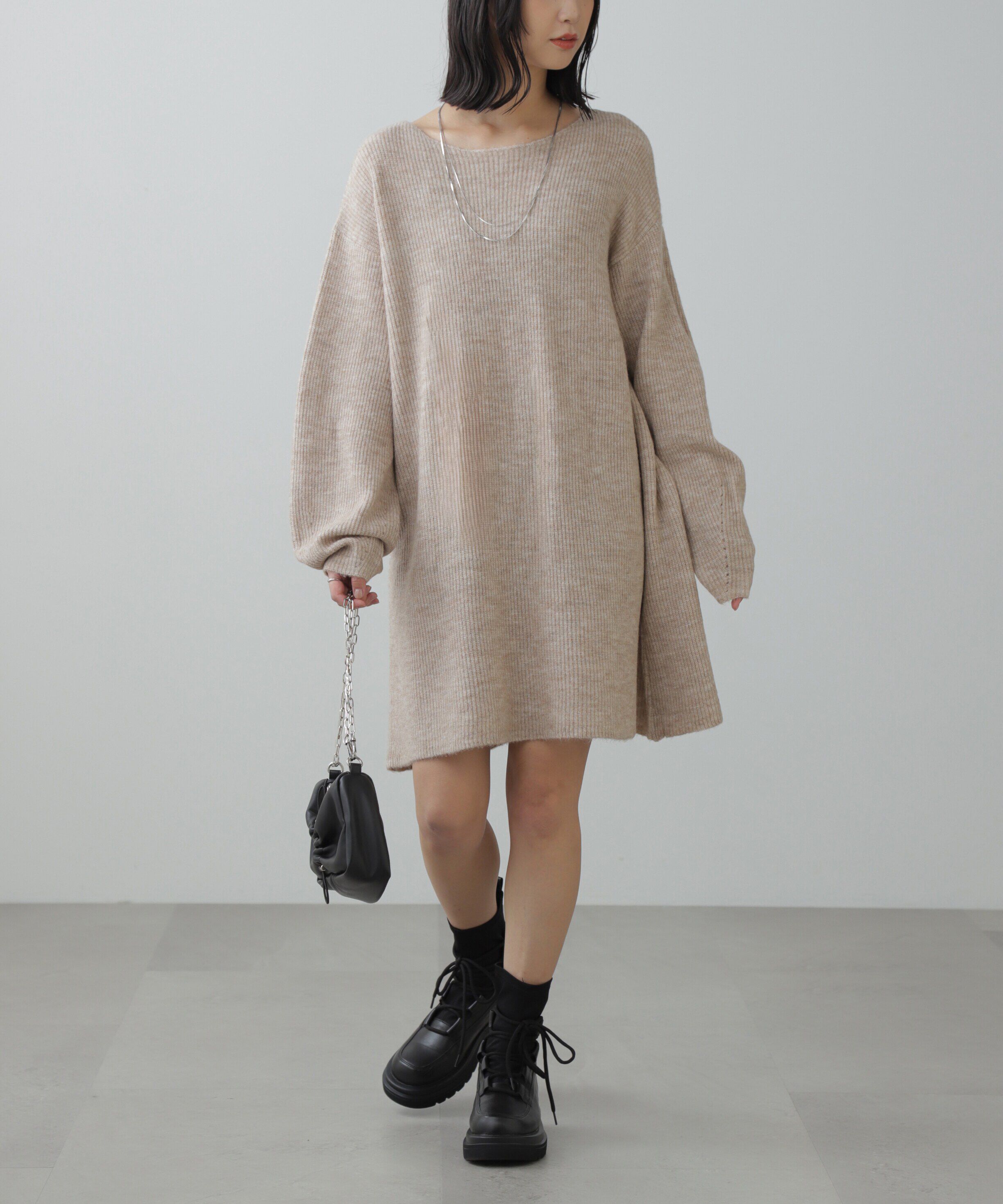  「ボートネック畦ニットミニワンピース」|ワンピース|