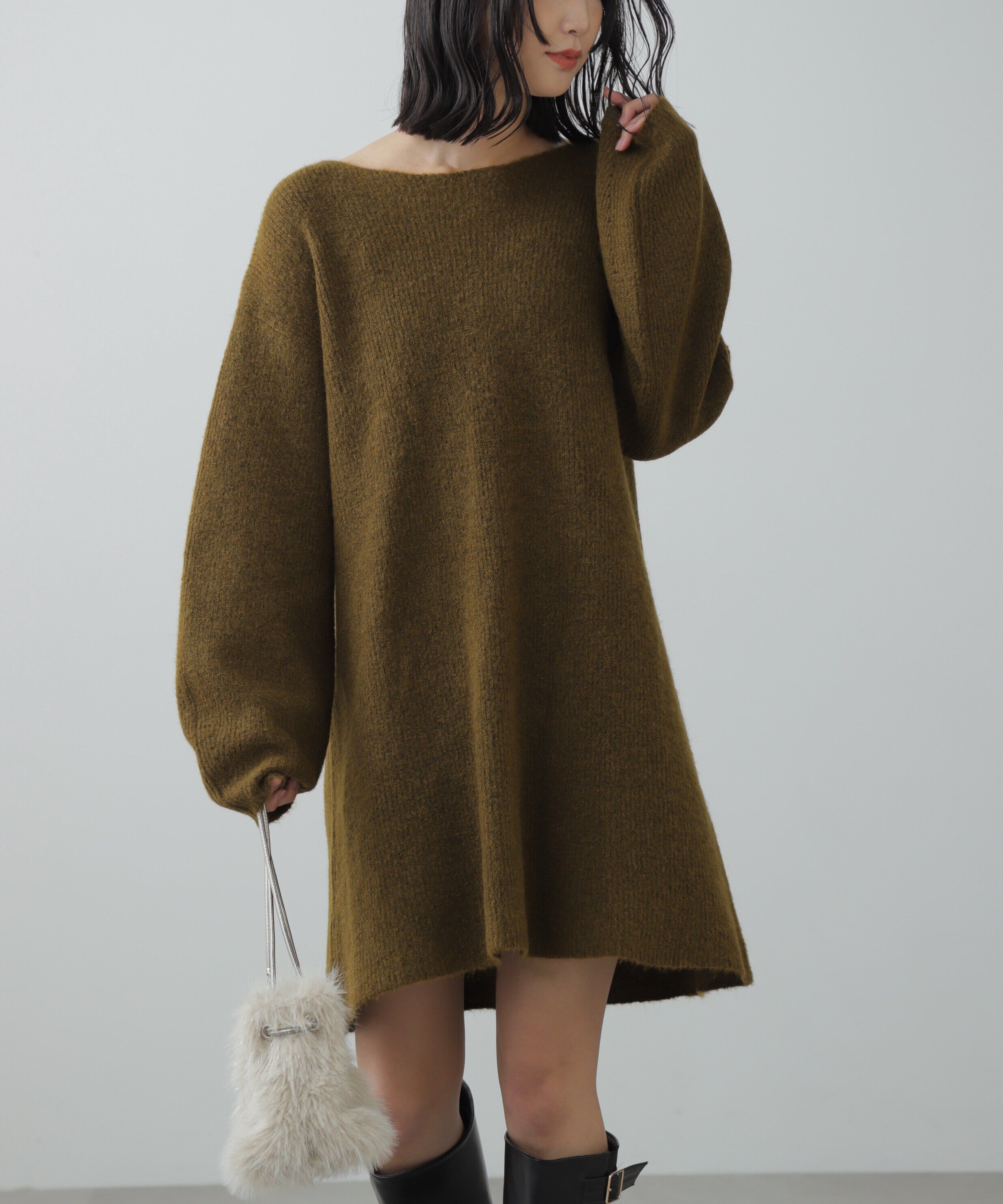  「ボートネック畦ニットミニワンピース」|ワンピース|カーキ