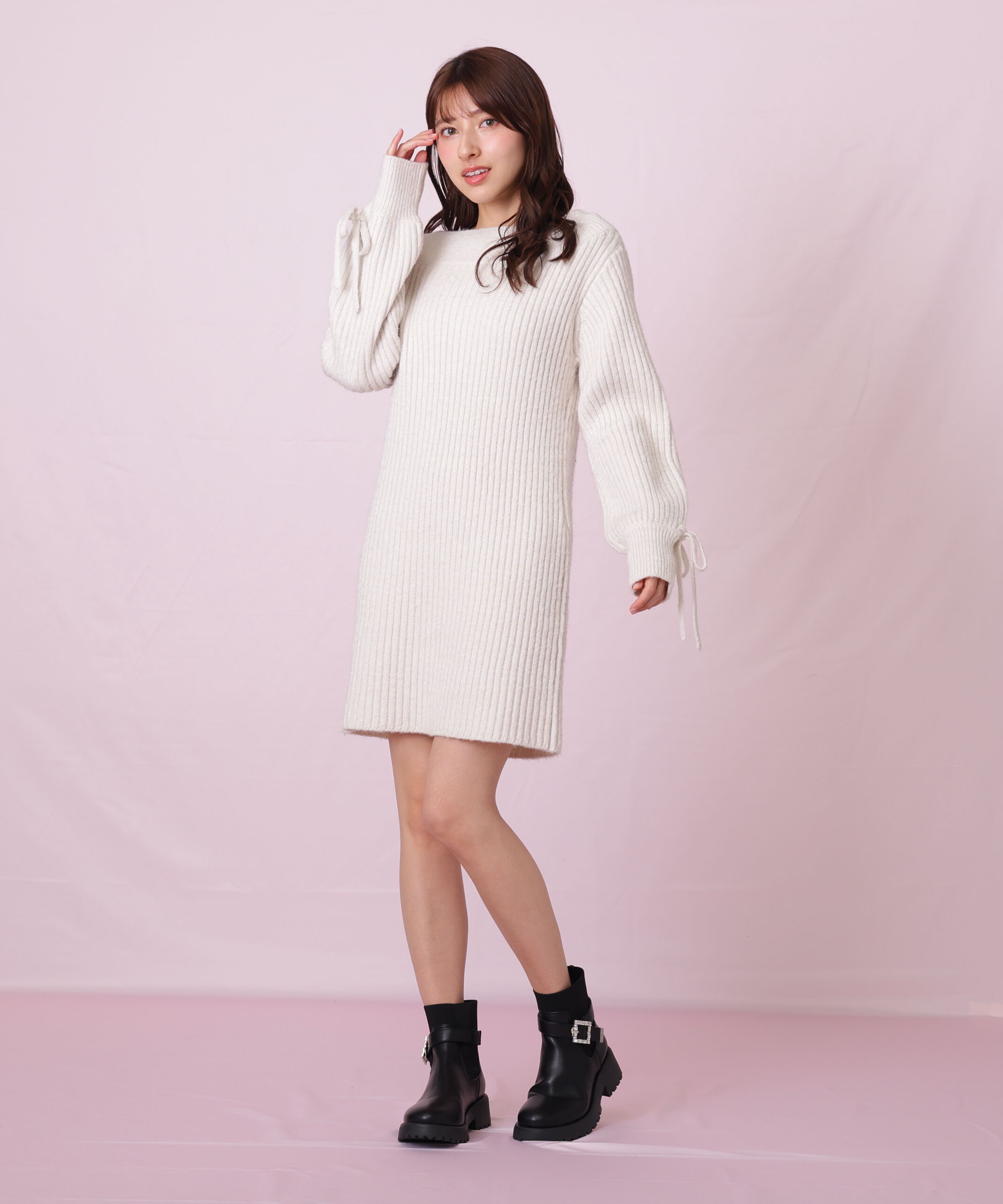  「袖リボンニットワンピース」|ワンピース|