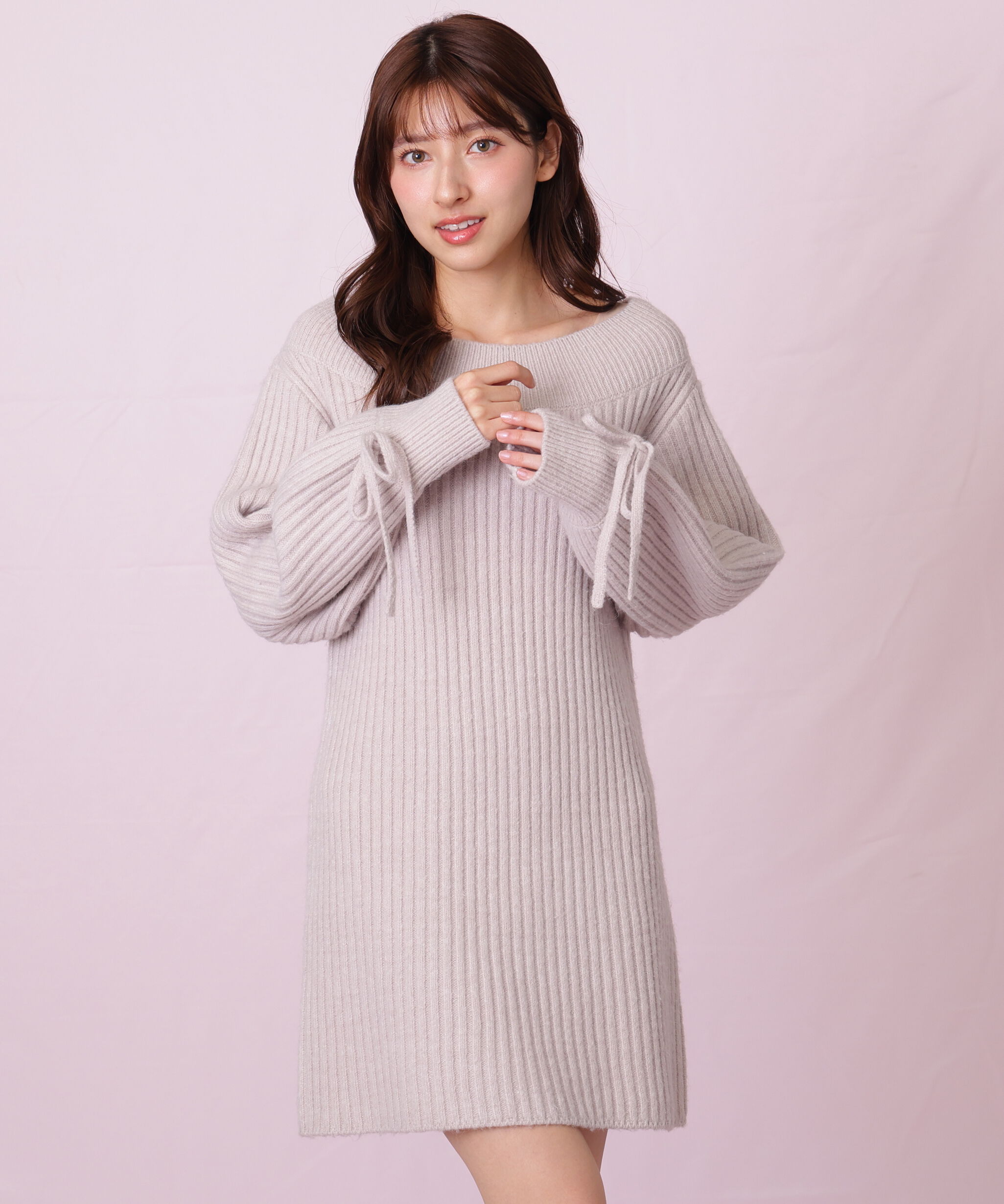  「袖リボンニットワンピース」|ワンピース|ベージュ