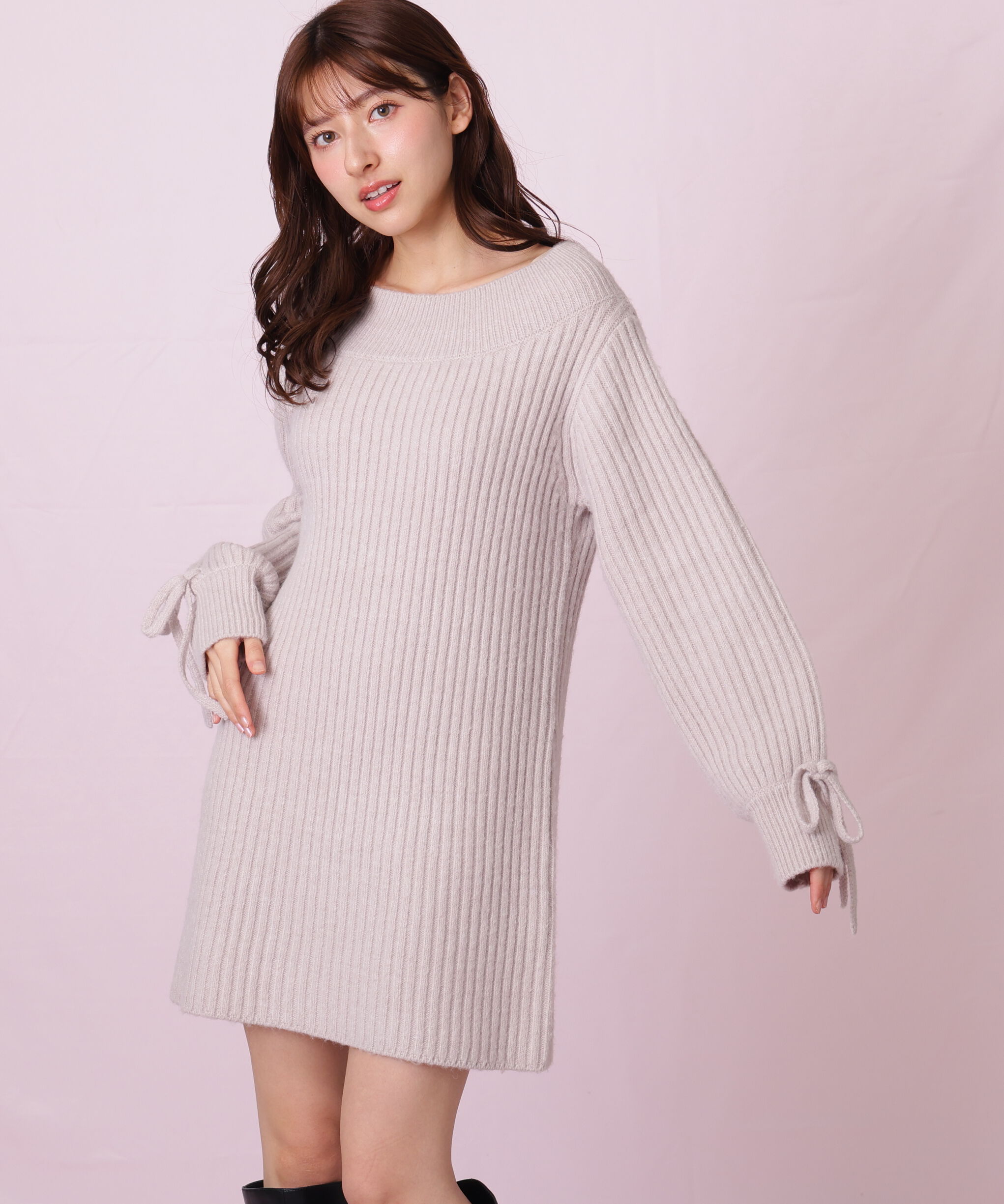  「袖リボンニットワンピース」|ワンピース|