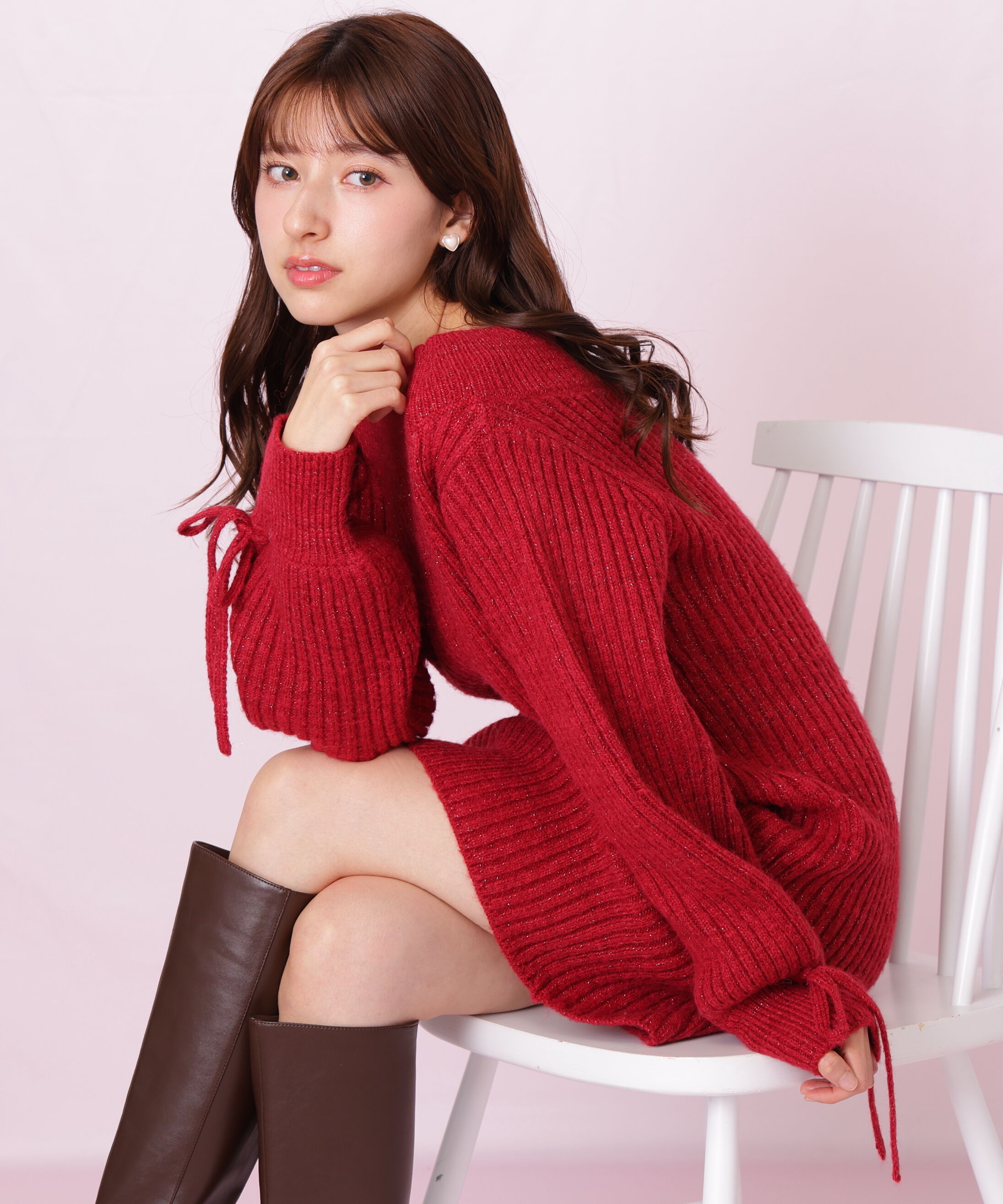  「袖リボンニットワンピース」|ワンピース|レッド