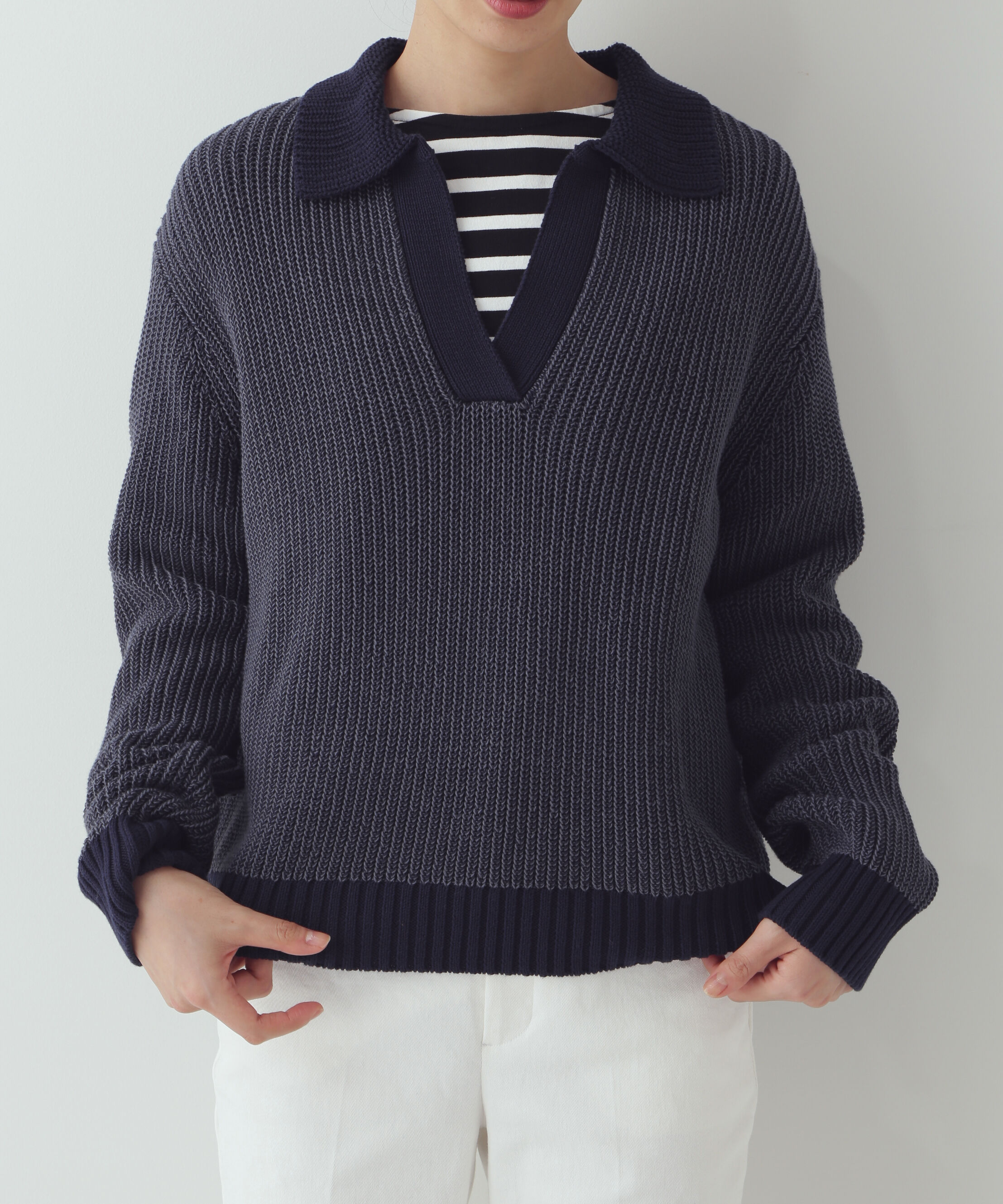  「◆バイカラー衿付きニット」|ニット・セーター|ネイビー