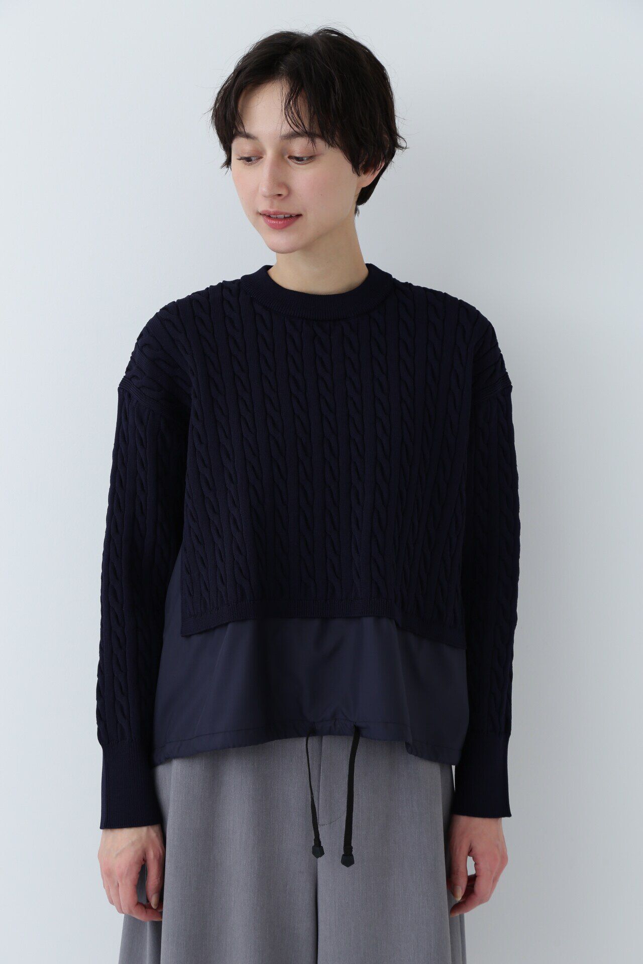  「◆布帛ドッキングケーブルニット」|ニット・セーター|