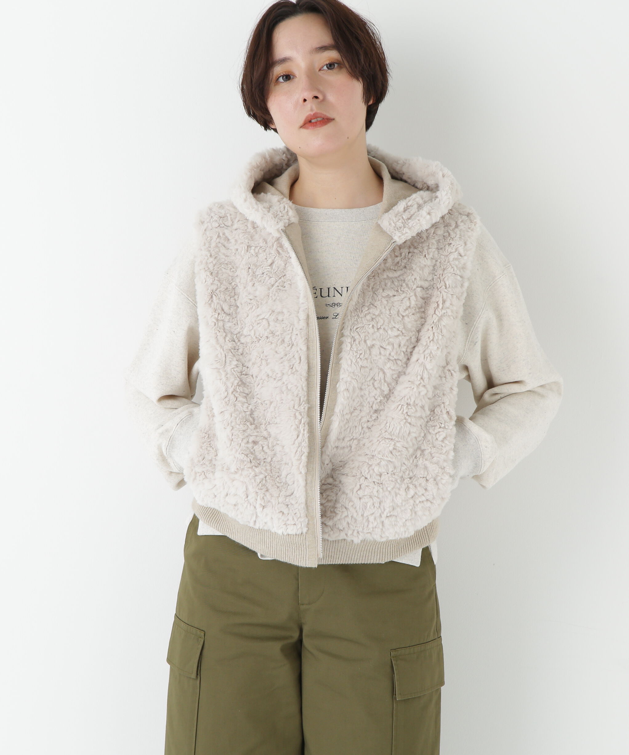  「◆フェイクファージップアップフードベスト」|その他|ベージュ