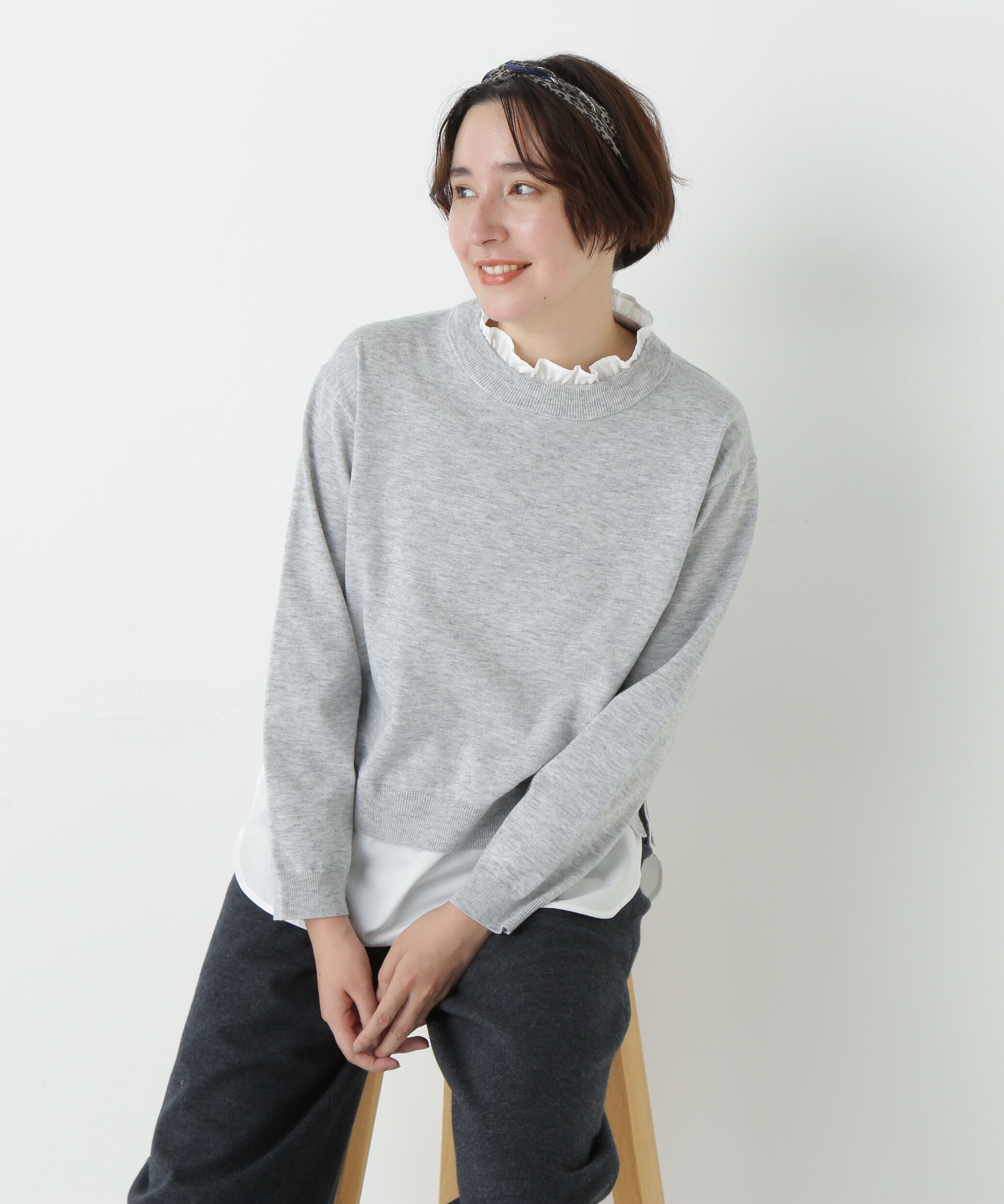  「シャツ地ドッキングプルオーバー」|ニット・セーター|グレー