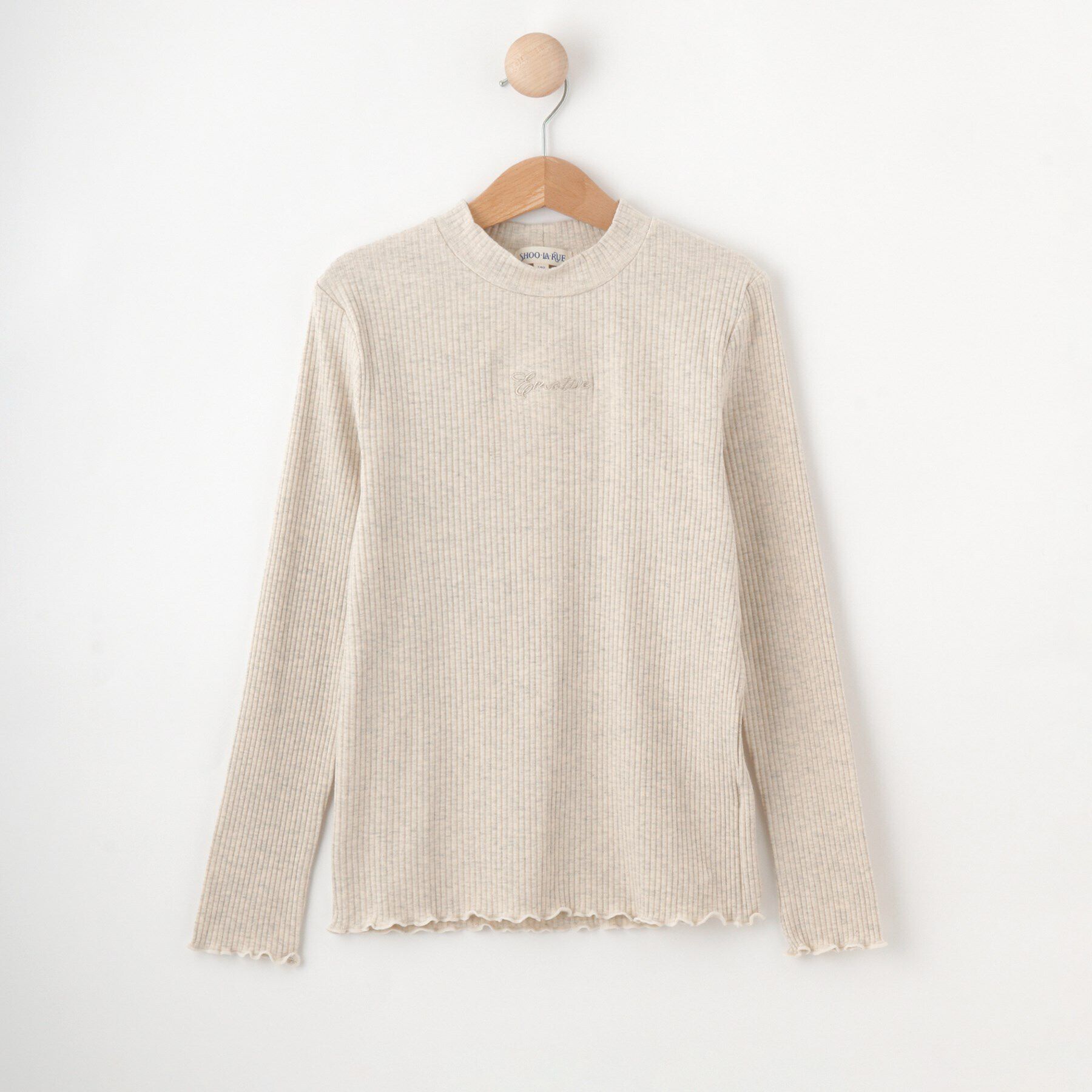 SHOO･LA･RUE「【100-150cm】刺繍ロゴ使いリブロンT」|Tシャツ・カットソー|ライトグレー(011