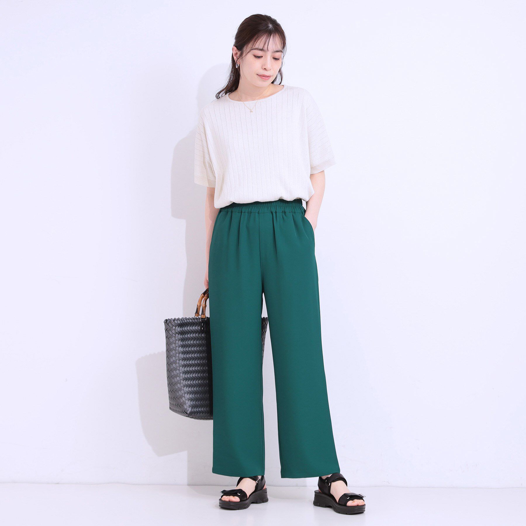 SHOO･LA･RUE「【洗える/ひんやり/UV/SS-3L】さらさらぷるんワイドパンツ」|その他|